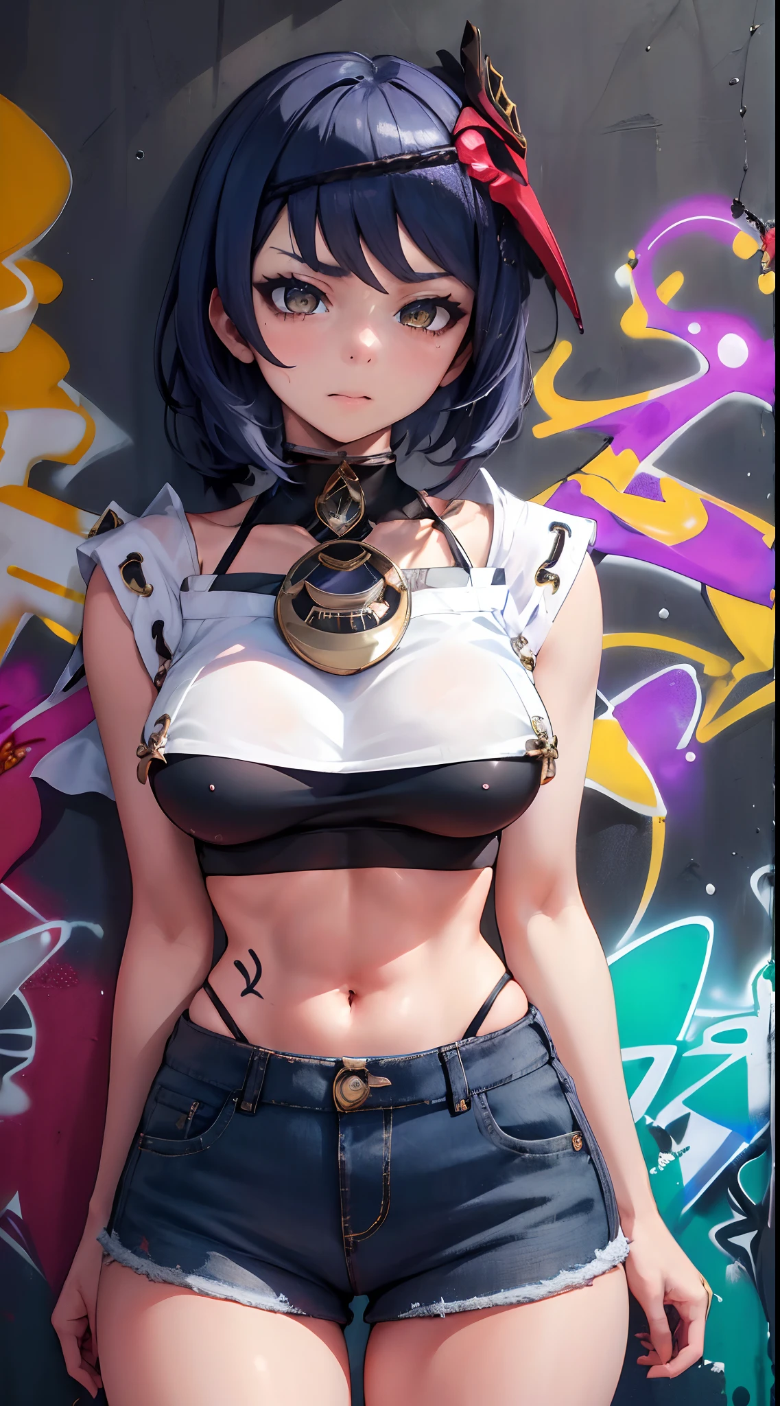 Kujou Sara Genshin Effect, masterpiece, bestquality, 1girls, mediuml breasts, bara, crop top, shorts jeans, choker, (Graffiti:1.5), Splash with purple lightning pattern., arm behind back, against wall, View viewers from the front., Thigh strap, Head tilt, bored, Ponytail, water eyes,