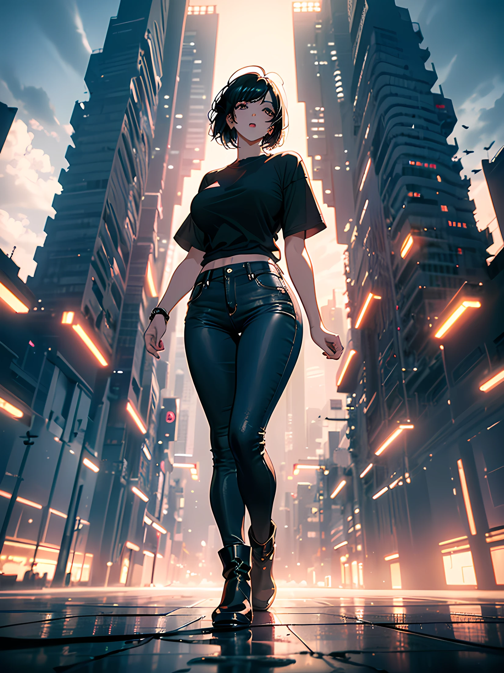 Girl short black hair, full lips, short wide sleeve shirt, jeans, black boots, deserted road, full body, curvy body, (ultra-realistic), {extremely detailed CG unit 8k wallpaper}, Expansive landscape photography , (a view from below that shows the grandeur of the character, expansive open field view), (low-angle shot), (light: 1.5), (warm light source: 1.2), complex details, (Iridescent colors: 1.2) , (bright lighting), (atmospheric lighting), modern, realistic, solo: 1.5