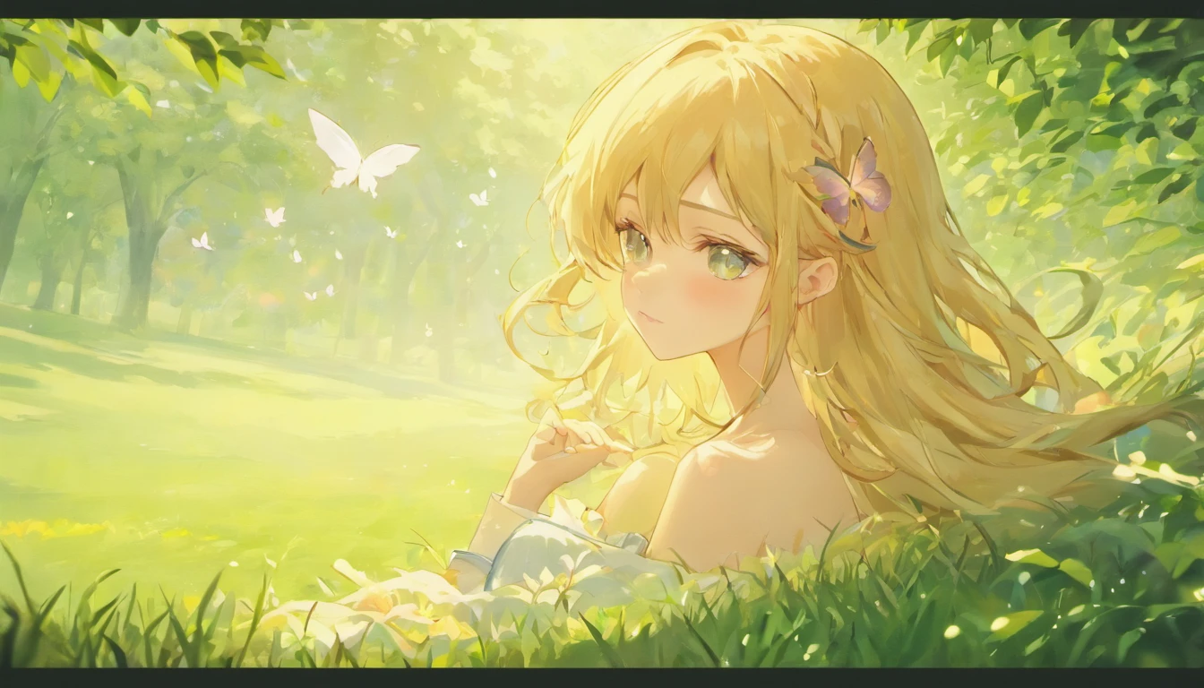 (highres,masterpiece:1.2),ultra-detailed,(realistic,photorealistic,photo-realistic:1.37),beautiful detailed eyes,beautiful detailed lips,extremely detailed eyes and face,longeyelashes,garden,soft morning light,peaceful atmosphere,blush pink color palette,flowing silk dress,fragrant flowers,gentle breeze,sparkling dewdrops,warm sunshine on the girl's face,graceful and relaxed pose,comfortable and luxurious bedroom,serene expression,wonderful dreamy feeling,wavy golden hair,tiny birds chirping in the background,fresh green grass,tall trees reaching towards the sky,tranquil and enchanting surroundings,subtle colors blending harmoniously,sublime beauty of nature,dainty butterflies fluttering around,delicate features,serene atmosphere,soft music playing in the air,calm and tranquil morning scene,relaxing and rejuvenating start to the day.
