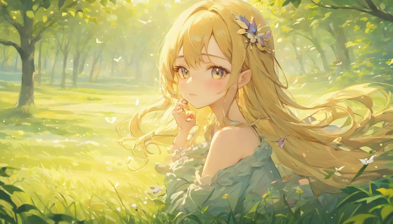 (highres,masterpiece:1.2),ultra-detailed,(realistic,photorealistic,photo-realistic:1.37),beautiful detailed eyes,beautiful detailed lips,extremely detailed eyes and face,longeyelashes,garden,soft morning light,peaceful atmosphere,blush pink color palette,flowing silk dress,fragrant flowers,gentle breeze,sparkling dewdrops,warm sunshine on the girl's face,graceful and relaxed pose,comfortable and luxurious bedroom,serene expression,wonderful dreamy feeling,wavy golden hair,tiny birds chirping in the background,fresh green grass,tall trees reaching towards the sky,tranquil and enchanting surroundings,subtle colors blending harmoniously,sublime beauty of nature,dainty butterflies fluttering around,delicate features,serene atmosphere,soft music playing in the air,calm and tranquil morning scene,relaxing and rejuvenating start to the day.