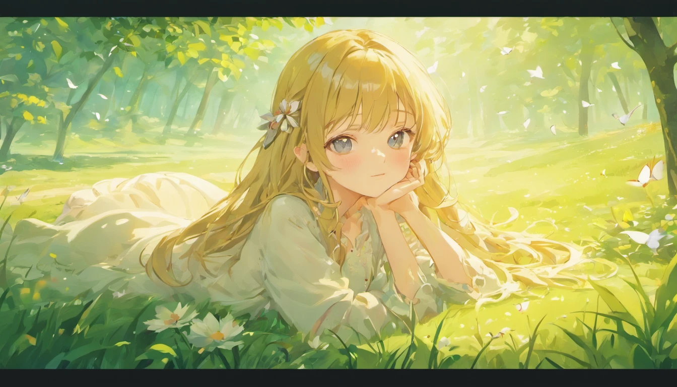 (highres,masterpiece:1.2),ultra-detailed,(realistic,photorealistic,photo-realistic:1.37),beautiful detailed eyes,beautiful detailed lips,extremely detailed eyes and face,longeyelashes,garden,soft morning light,peaceful atmosphere,blush pink color palette,flowing silk dress,fragrant flowers,gentle breeze,sparkling dewdrops,warm sunshine on the girl's face,graceful and relaxed pose,comfortable and luxurious bedroom,serene expression,wonderful dreamy feeling,wavy golden hair,tiny birds chirping in the background,fresh green grass,tall trees reaching towards the sky,tranquil and enchanting surroundings,subtle colors blending harmoniously,sublime beauty of nature,dainty butterflies fluttering around,delicate features,serene atmosphere,soft music playing in the air,calm and tranquil morning scene,relaxing and rejuvenating start to the day.