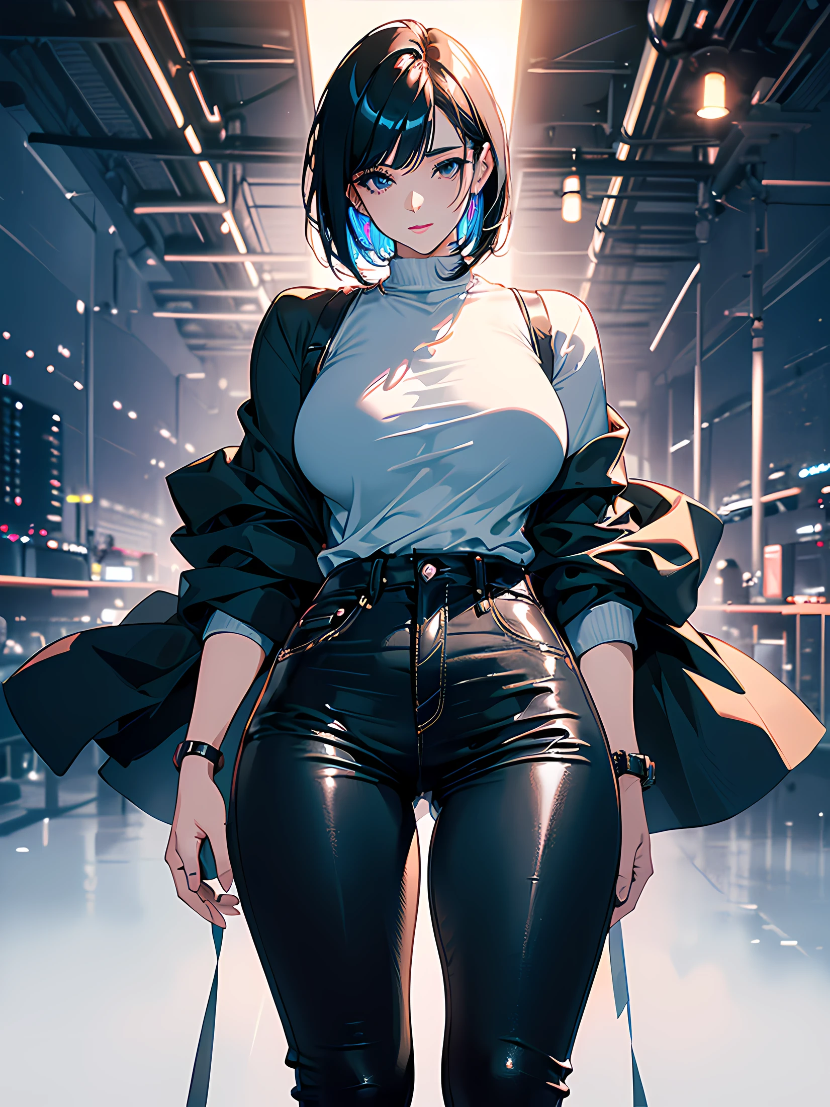 Girl short black hair, full lips, short wide sleeve shirt, jeans, black boots, deserted road, full body, curvy body, (ultra-realistic), {extremely detailed CG unit 8k wallpaper}, Expansive landscape photography , (a view from below that shows the grandeur of the character, expansive open field view), (low-angle shot), (light: 1.5), (warm light source: 1.2), complex details, (Iridescent colors: 1.2) , (bright lighting), (atmospheric lighting), modern, realistic, solo: 1.5