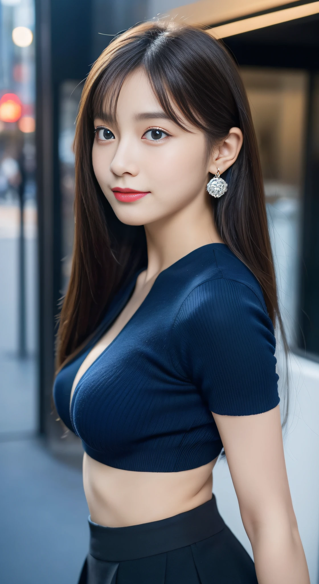 (realistic, high resolution:1.3), 1 girl with perfect figure, super fine face and eyes, long hair, big breasts, Leaning against a brick wall, one foot raised against it, thoughtful and a bit mysterious, a chic jumpsuit with a bold pattern or print, vibrant and eye-catching, sleek straight hair with a deep side part, wearing statement earrings or holding a clutch, trendy urban area with street art in the background.