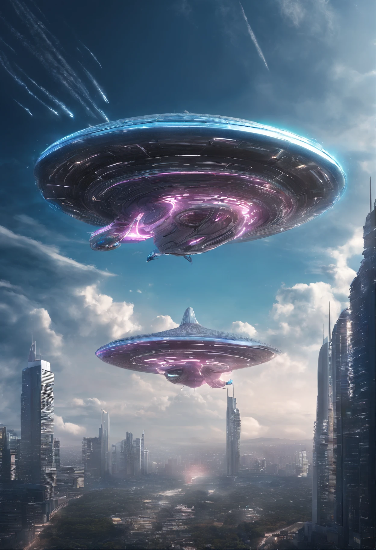 Futuristic alien spaceships flying above the clouds of Mexico City, cielo oscuro, lluvia,lightning, hiperrealista, Altamente detallado,8k