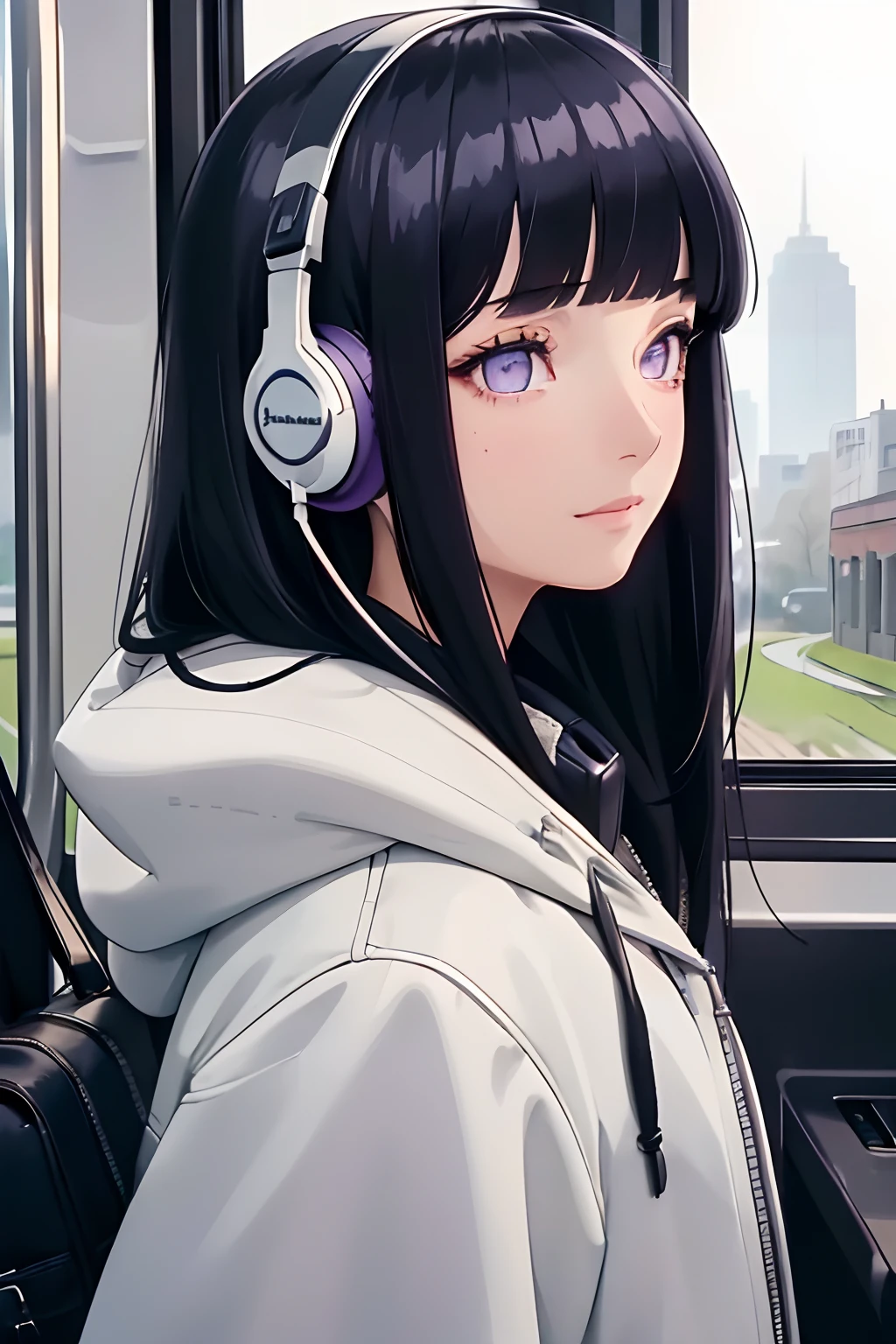 (masterpiece, sidelighting, ultra-detailed, finely detailed beautiful eyes: 1.2), 1girl, bag, building, from side, headphones, hood, hood down, hooded jacket, hoodie, jacket, long hair, dark blue hair, profile, Blunt Bangs, solo, train, train interior, upper body, Masterpiece, best quality, purple eyes