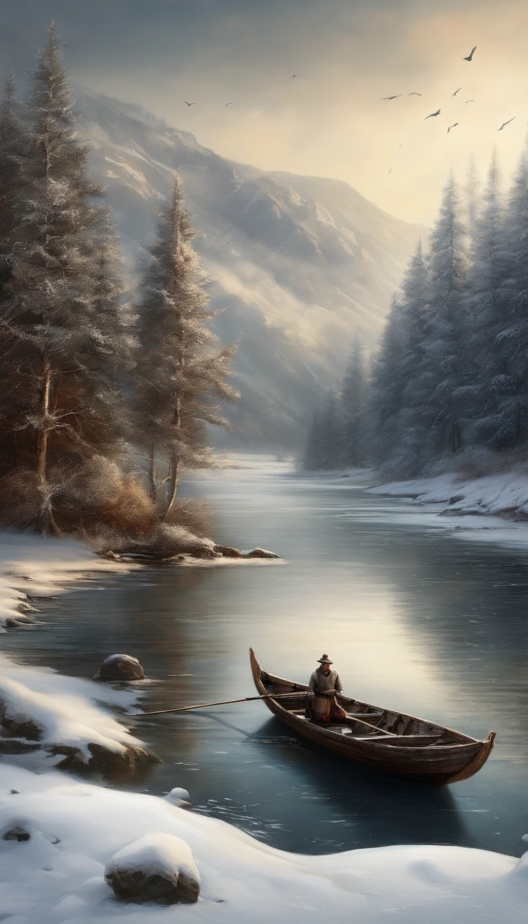 A thousand birds fly,Ten thousand paths disappeared。Lonely boats,Fishing alone in the cold river snow。 (【Translation】 You don't see a single bird in the mountains,The tracks of thousands of people were cut off。On the lonely boat is an old man in a cloak,Fishing alone against the wind and snow),(A small boat on the water),(An old man sits in a small boat fishing),Inspired by the creators:《Jiang Xue》Yanagi Zongyuan,Ray,(light and shadow effect),(vivd colour),(Color splattering),(Obvious layers),(Ink painting style:1.2),(Photography Award),(8k wallpaper),(Masterpiece),(best qualtiy),(Heavy snowfall),(snow landscape),Winter tones,There was a wind blowing,(Side lighting ),(cinema4d),(Movie lighting),(Depth of field effect),(Unreal 5),(tmasterpiece),(8K分辨率),photorealestic,realisticlying