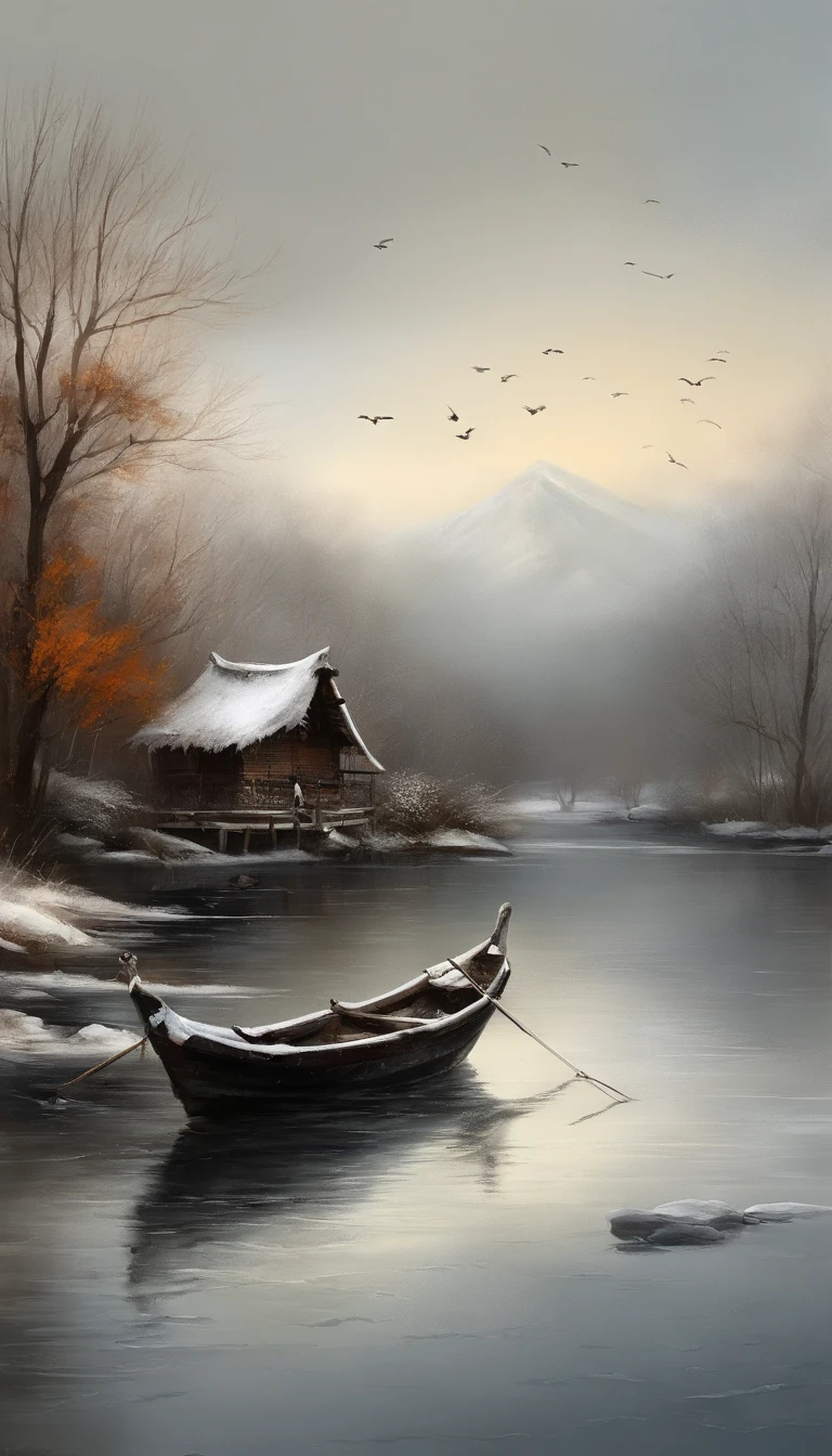 A thousand birds fly，Ten thousand paths disappeared。Lonely boats，Fishing alone in the cold river snow。 （【Translation】 You don't see a single bird in the mountains，The tracks of thousands of people were cut off。On the lonely boat is an old man in a cloak，Fishing alone against the wind and snow），（A small boat on the water），（An old man sits in a small boat fishing），Inspired by the creators：《Jiang Xue》Yanagi Zongyuan，Ray，（light and shadow effect）,（vivd colour）,（Color splattering）,（Obvious layers）,（Ink painting style:1.2）,（Photography Award）,（8k wallpaper）,（Masterpiece）,（best qualtiy）,（Heavy snowfall），（snow landscape），Winter tones，There was a wind blowing，（Side lighting ），（cinema4d），（Movie lighting），（Depth of field effect），（Unreal 5），（tmasterpiece），（8K分辨率），photorealestic，realisticlying