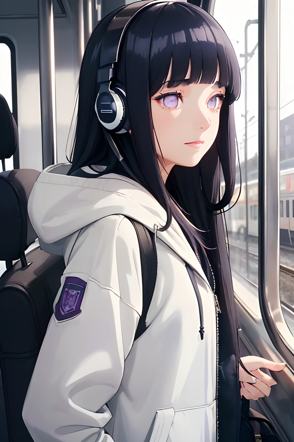 (masterpiece, sidelighting, ultra-detailed, finely detailed beautiful eyes: 1.2), 1girl, bag, building, from side, headphones, hood, hood down, hooded jacket, hoodie, jacket, long hair, dark blue hair, profile, Blunt Bangs, solo, train, train interior, upper body, Masterpiece, best quality, purple eyes