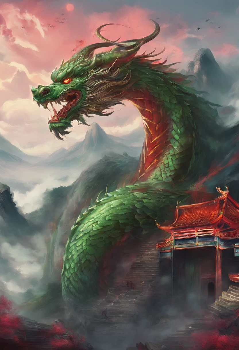 China-style,Chinese mythology,Chinese Green Dragon,tosen,Ferocious,gargantuan,The eyes glow red,Glow effects,surrounded by cloud,Thick clouds,buliding,中景 the scene is,Full body like, highly detailed surreal vfx,oc rendered,