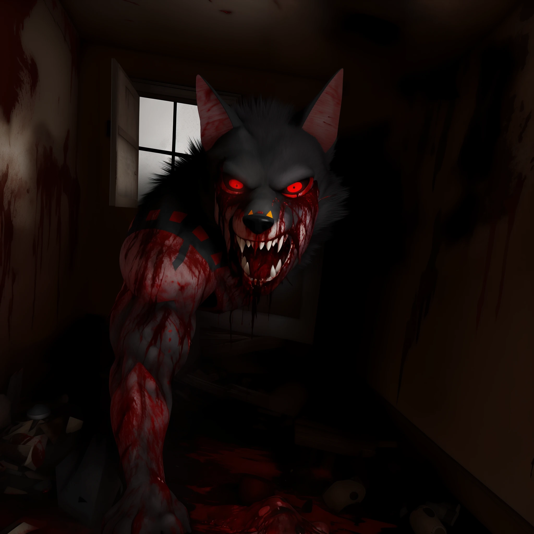 Neferu A blood-filled red-eyed werewolf devouring a corpse in an abandoned house, a very aggressive and very violent creature looking at the viewer with a very menacing and frightening look, red pupils coming out a lot of blood 3D ULTRA HD 16K