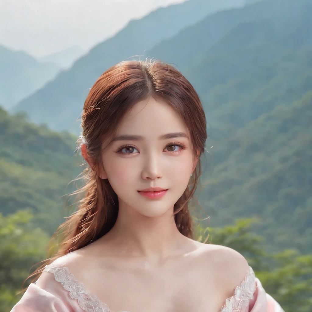(Professional 3D Rendering:1.3) in the (Realistic:1.3) The most beautiful artwork photos in the world，Girl with soft and shiny long hair, detailed portrait of an anime girl, soft anime illustration, Stunning anime face portrait, Cute realistic portrait, Beautiful Anime Portrait, artwork in the style of guweiz, portrait of cute anime girlbabes, Detailed Digital Anime Art, Portrait Anime Girl, portrait of cute anime girlbabes, Realistic anime art style, Realistic anime art style、The background is mountainous、Girl in Myanmar national costume、Eye color is pink sapphire、Sitting girl、Smiling girl