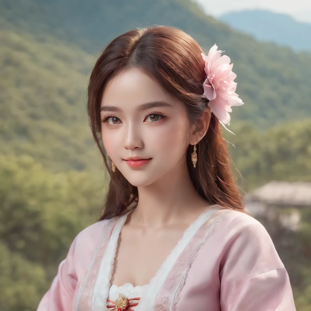 (Professional 3D Rendering:1.3) in the (Realistic:1.3) The most beautiful artwork photos in the world,Girl with soft and shiny long hair, detailed portrait of an anime girl, soft anime illustration, Stunning anime face portrait, Cute realistic portrait, Beautiful Anime Portrait, artwork in the style of guweiz, portrait of cute anime girlbabes, Detailed Digital Anime Art, Portrait Anime Girl, portrait of cute anime girlbabes, Realistic anime art style, Realistic anime art style、The background is mountainous、Girl in Myanmar national costume、Eye color is pink sapphire、Sitting girl、Smiling girl