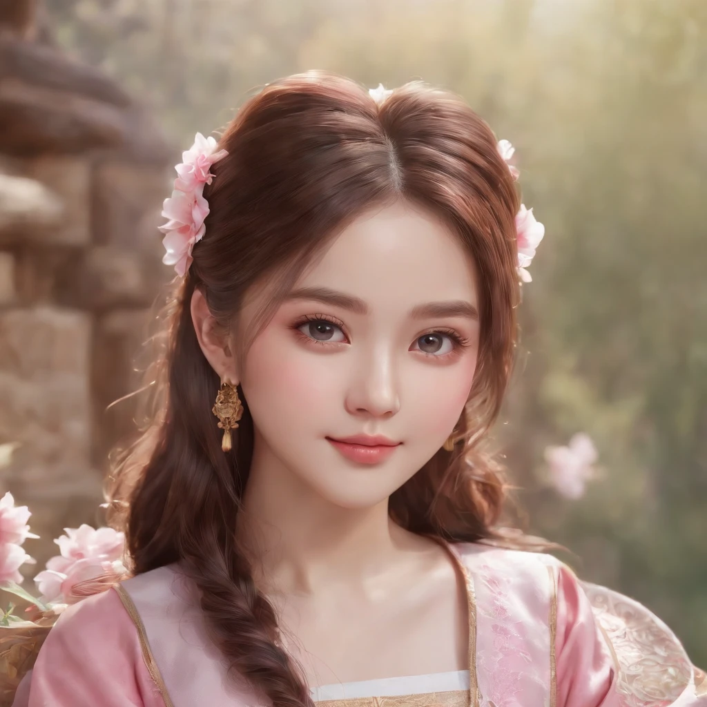 (Professional 3D Rendering:1.3) in the (Realistic:1.3) The most beautiful artwork photos in the world,Girl with soft and shiny long hair, detailed portrait of an anime girl, soft anime illustration, Stunning anime face portrait, Cute realistic portrait, Beautiful Anime Portrait, artwork in the style of guweiz, portrait of cute anime girlbabes, Detailed Digital Anime Art, Portrait Anime Girl, portrait of cute anime girlbabes, Realistic anime art style, Realistic anime art style、The background is mountainous、Girl in Myanmar national costume、Eye color is pink sapphire、Sitting girl、Smiling girl