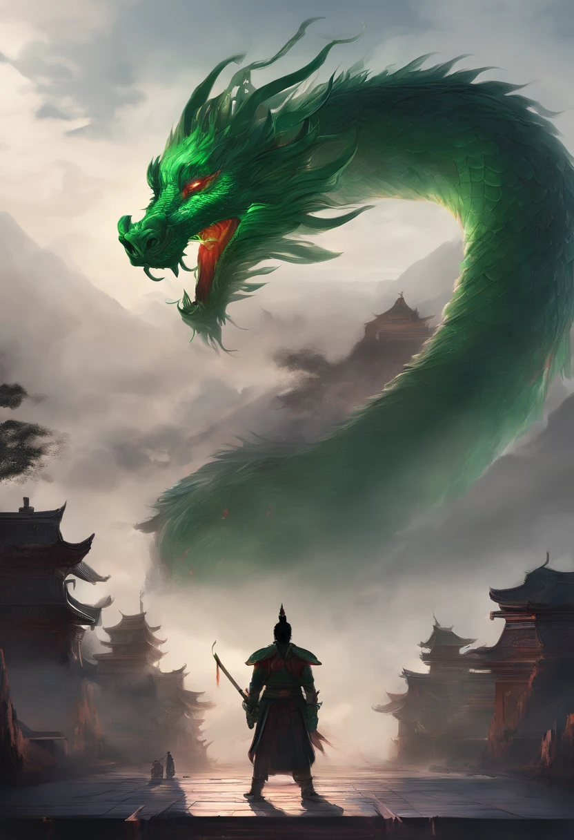 China-style，Chinese mythology，Chinese Green Dragon，tosen，Ferocious，gargantuan，The eyes glow red，Glow effects，surrounded by cloud，Thick clouds，buliding，中景 the scene is，Full body like， highly detailed surreal vfx，oc rendered，