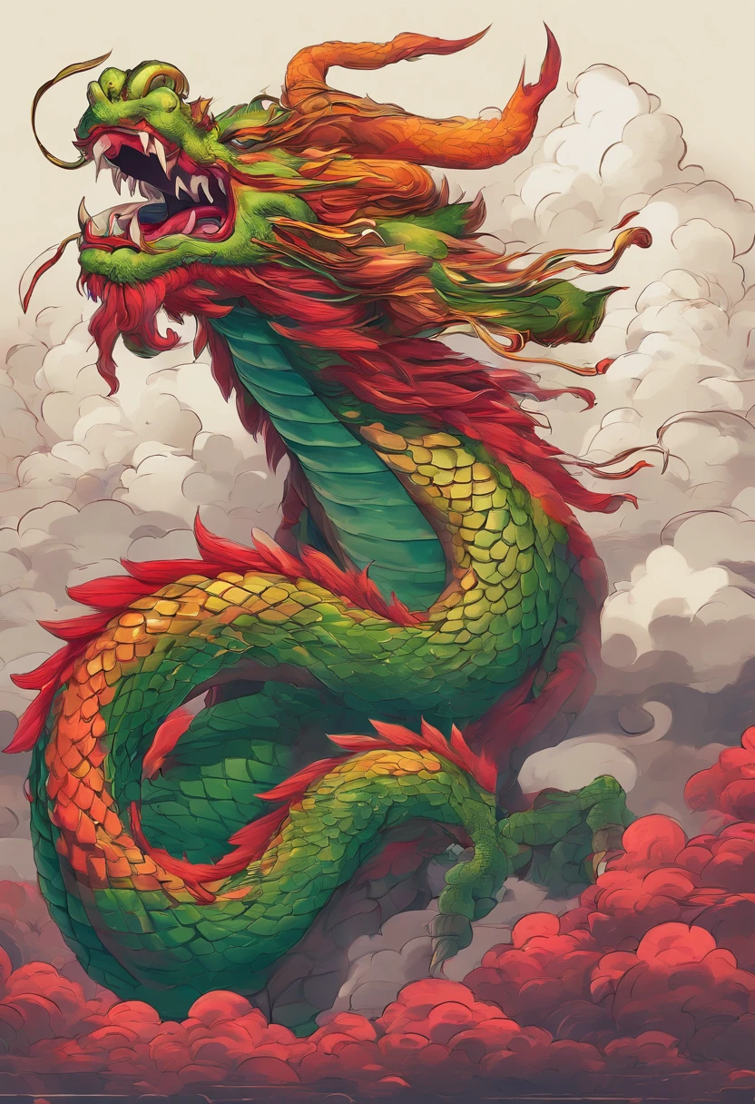 China-style，Chinese mythology，Chinese Green Dragon，tosen，Ferocious，gargantuan，The eyes glow red，Glow effects，surrounded by cloud，Thick clouds，buliding，中景 the scene is，Full body like， highly detailed surreal vfx，oc rendered，