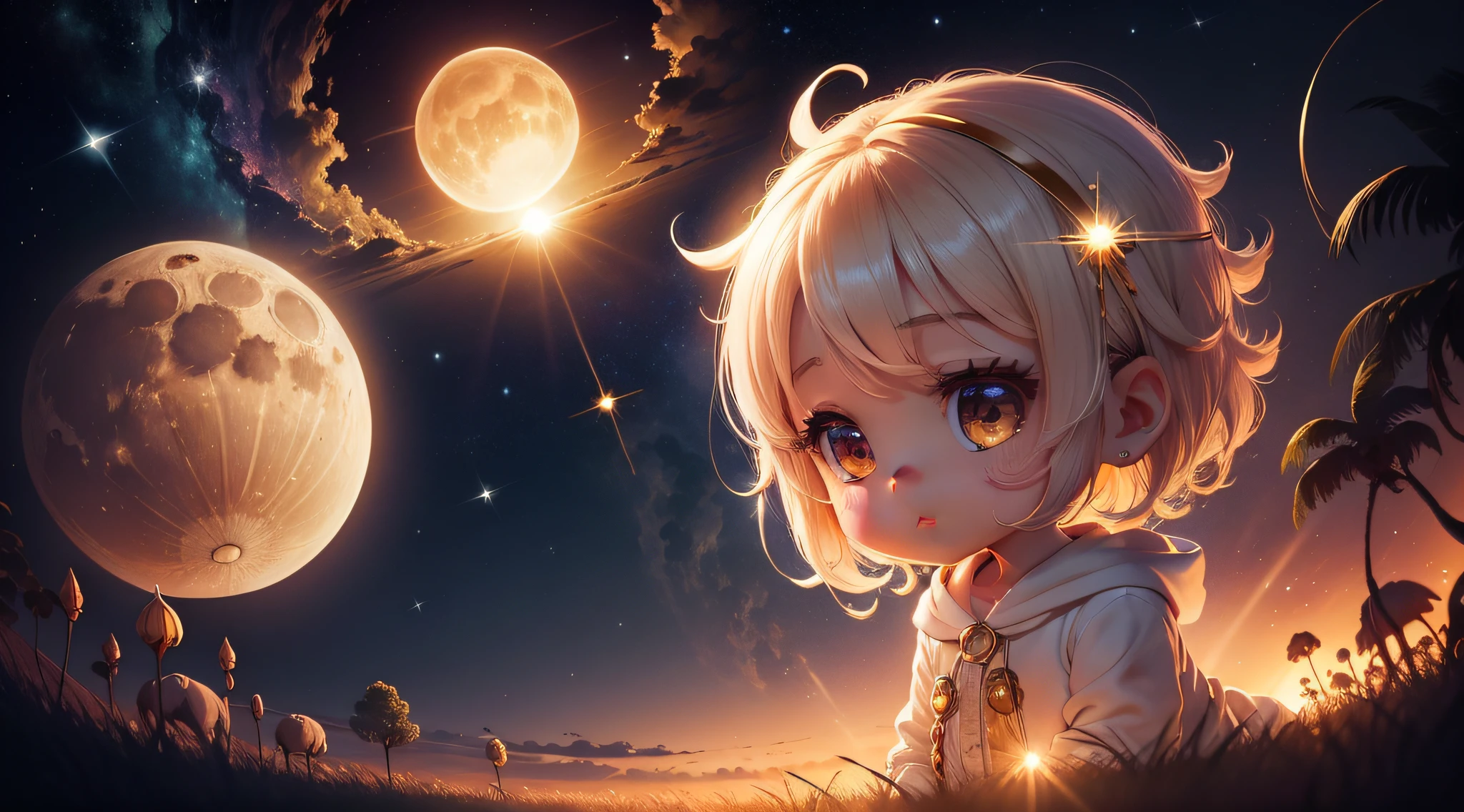 obra-prima, God created the sun to shine during the day and the moon to shine at night, studio illumination, estilo cartoon, chibi, olhar, God made the stars shine in the dark sky, altamente detalhado Primeiro,