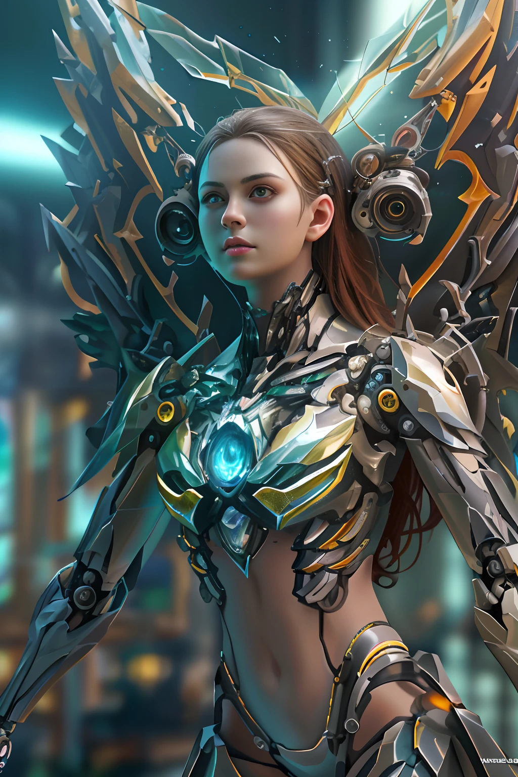 Translucent ethereal mechanical girl,Futuristic angels,Mechanical joints,Translucent mechanical wing,High-resolution portraits with vibrant colors and intricate details,Awesome artwork. (Best quality,4K,8K,A high resolution,Masterpiece:1.2),Ultra-detailed,(Realistic,Photorealistic,photo-realistic:1.37),hdr,hyper HD,Studio lighting,Ultra-fine painting,Sharp focus,Physically-based rendering,Extreme detail description,professional,Vivid colors,Bokeh,sportrait,Concept artist