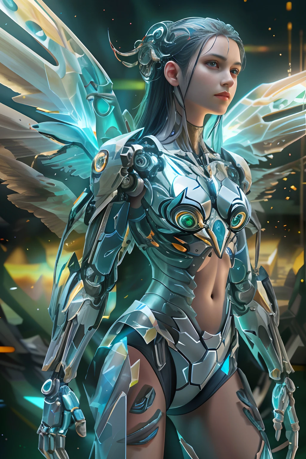 Translucent ethereal mechanical girl,Futuristic angels,Mechanical joints,Translucent mechanical wing,High-resolution portraits with vibrant colors and intricate details,Awesome artwork. (Best quality,4K,8K,A high resolution,Masterpiece:1.2),Ultra-detailed,(Realistic,Photorealistic,photo-realistic:1.37),hdr,hyper HD,Studio lighting,Ultra-fine painting,Sharp focus,Physically-based rendering,Extreme detail description,professional,Vivid colors,Bokeh,sportrait,Concept artist