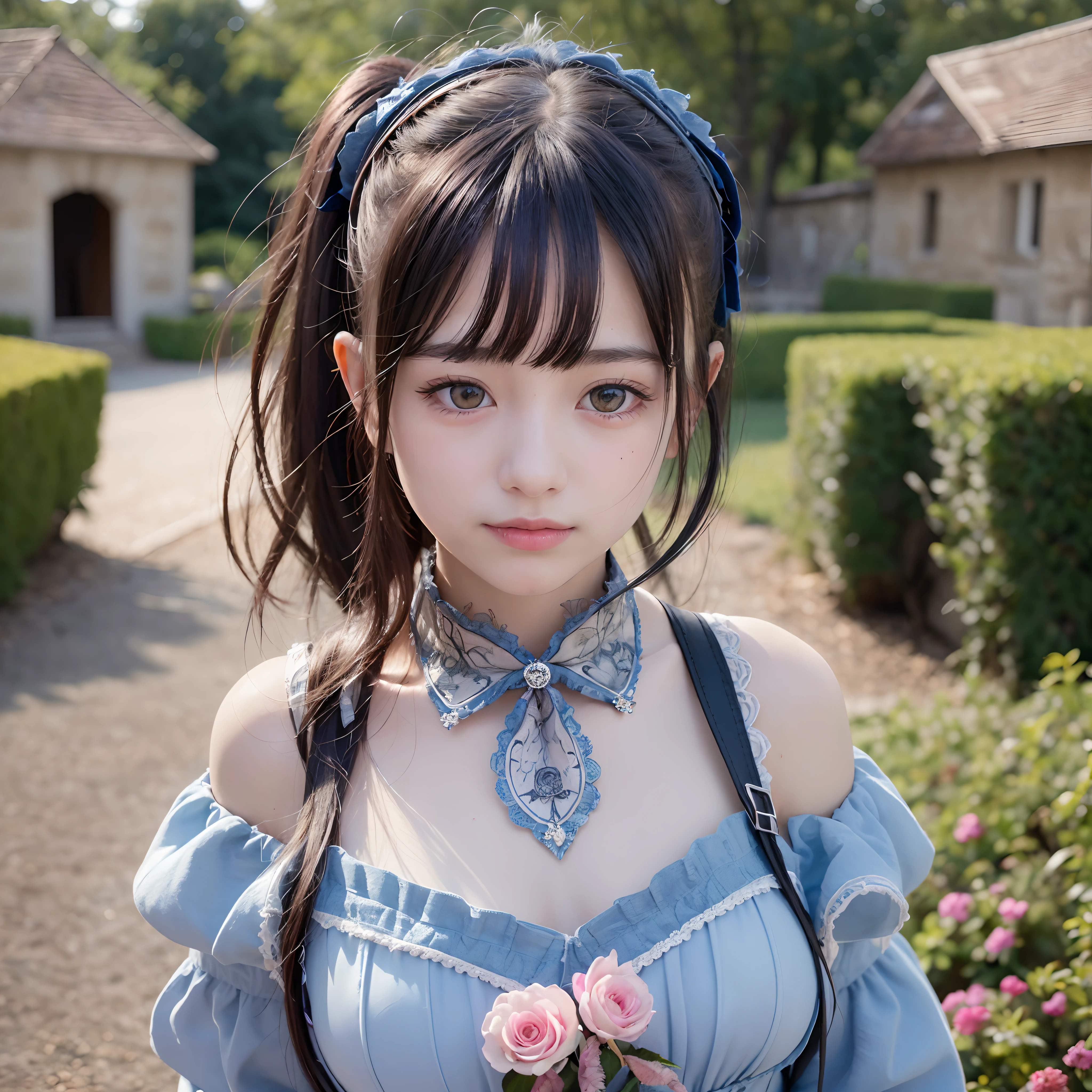 (best quality:1.4), 8K, ultra high definition, (ultra high res:1.2), absurdres:1.2, (raw photo1.2), (realistic, photo realistic:1.4), (masterpiece:1.3), (intricate details:1.2), 1 nogizaka yuri, utterly cute, (), (bishojo:1.35), (14yo), (ultra detailed and beautiful eyes and face and skin and hair), (detailed eyes features), (detailed face features), (fair skin), detailed body features, black ponytail, cinematic lighting, happy smile at the camera, cowboy shot, (alice and the pirates fashion:1.2), (ultra detailed beautiful outfit), medium breasts, cleavage, (hair accessory with blue rose), ultra detailed shadow, ultra detailed lighting, (garden of petit trianon, village of the queen, countryside, farmhouse, watermill, ultra detailed background)