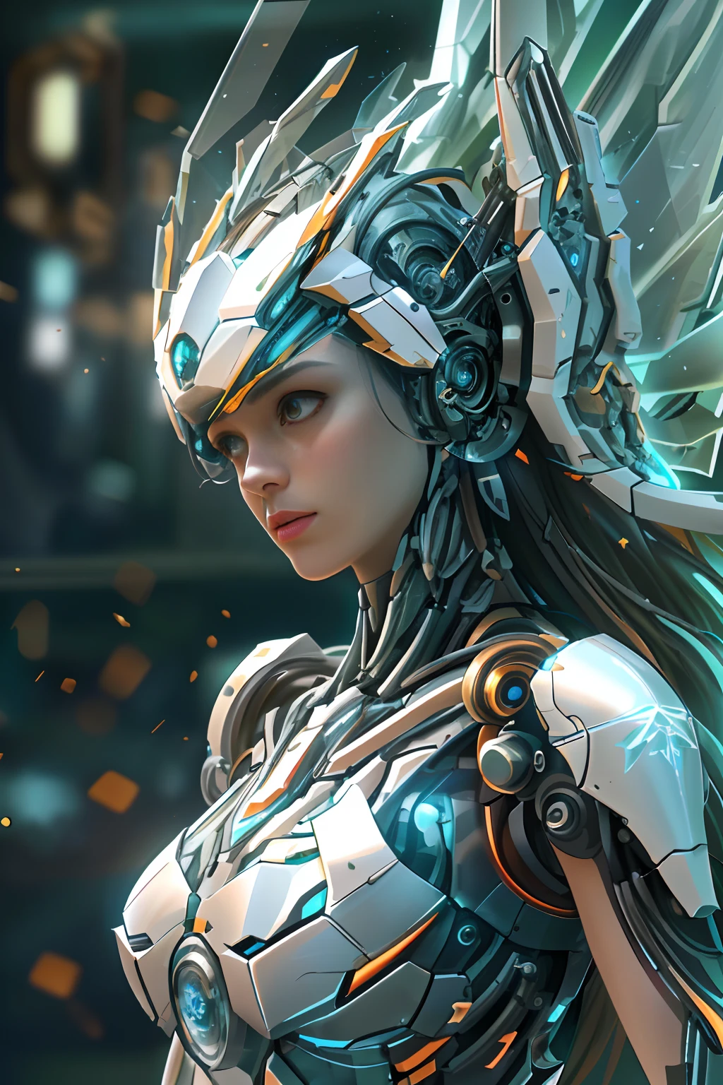 Translucent ethereal mechanical girl,Futuristic angels,Mechanical joints,Translucent mechanical wing,High-resolution portraits with vibrant colors and intricate details,Awesome artwork. (Best quality,4K,8K,A high resolution,Masterpiece:1.2),Ultra-detailed,(Realistic,Photorealistic,photo-realistic:1.37),hdr,hyper HD,Studio lighting,Ultra-fine painting,Sharp focus,Physically-based rendering,Extreme detail description,professional,Vivid colors,Bokeh,sportrait,Concept artist
