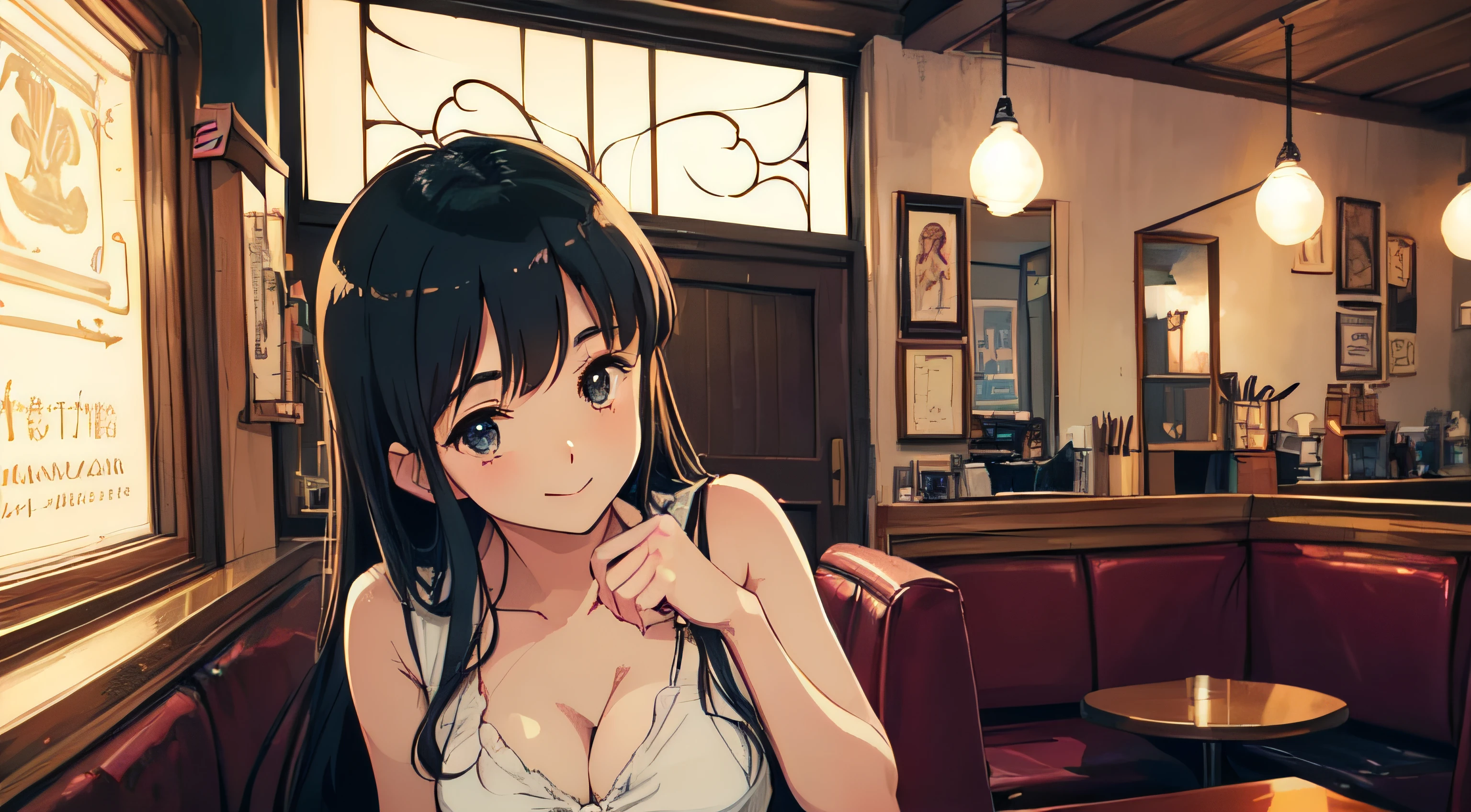 In a quaint, vintage coffee shop with retro decor, an anime girl with impeccably detailed eyes occupies a corner booth, her body swaying subtly to the rhythm of her music, her radiant gaze connecting with the viewer, creating a sense of intimate connection amid the warm, nostalgic atmosphere, looking at viewer, wearing revealing clothes, smiling, Illustration, digital art