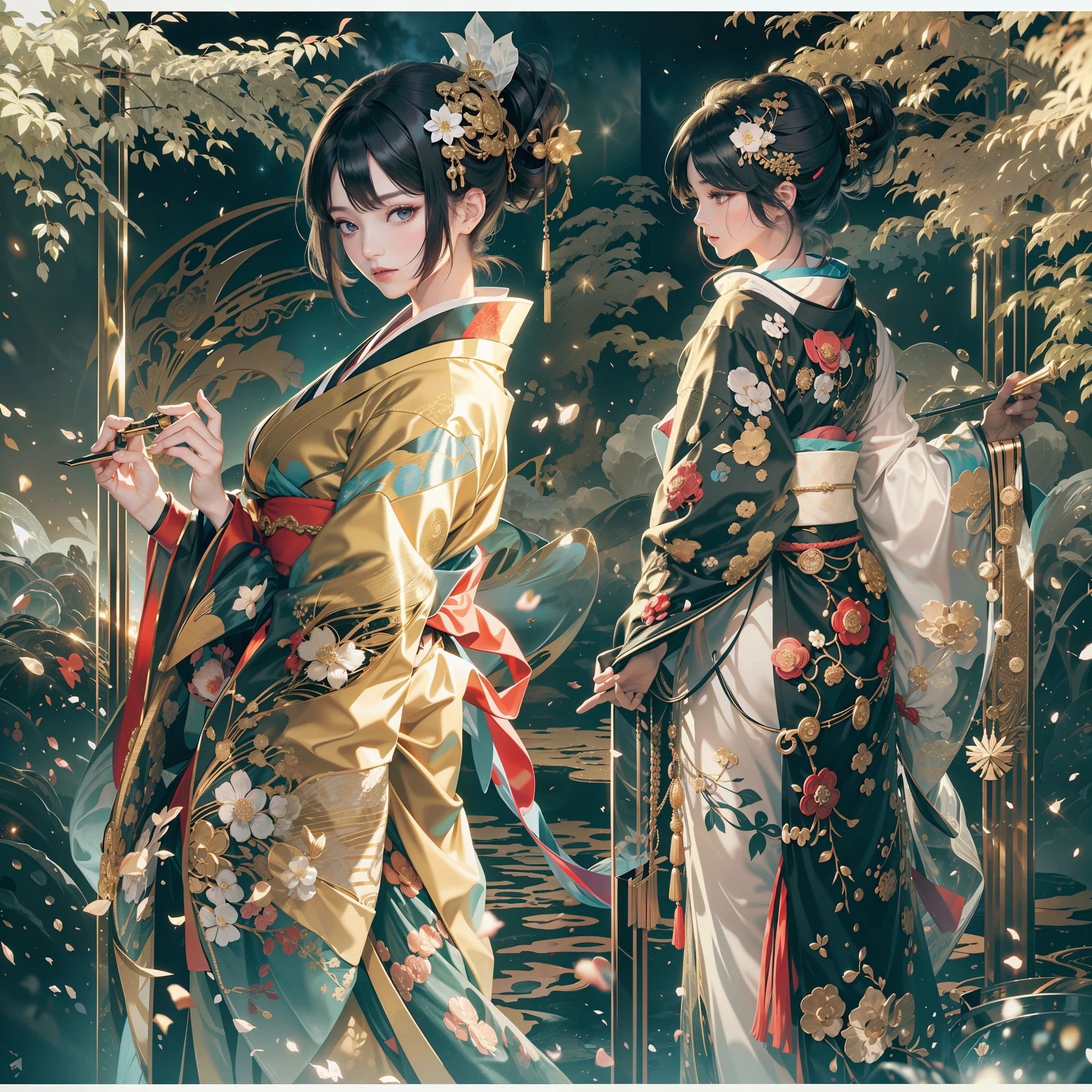 watching at viewers,Dark background goognos(kyoto、starryskybackground,dense background),perfect hand、Break Ponytail、Woman with shiny black hair、 elaborate costume{Luxury kimono(Colorful kimono(Detailed golden embroidery,))}、face perfect,Depict a beautiful and graceful woman of Japan。Heart in the eye。full body Esbian。 Wallpaper 8K, .Blur the background with a sickle,((masutepiece)), ((Best Quality)),photorealistic