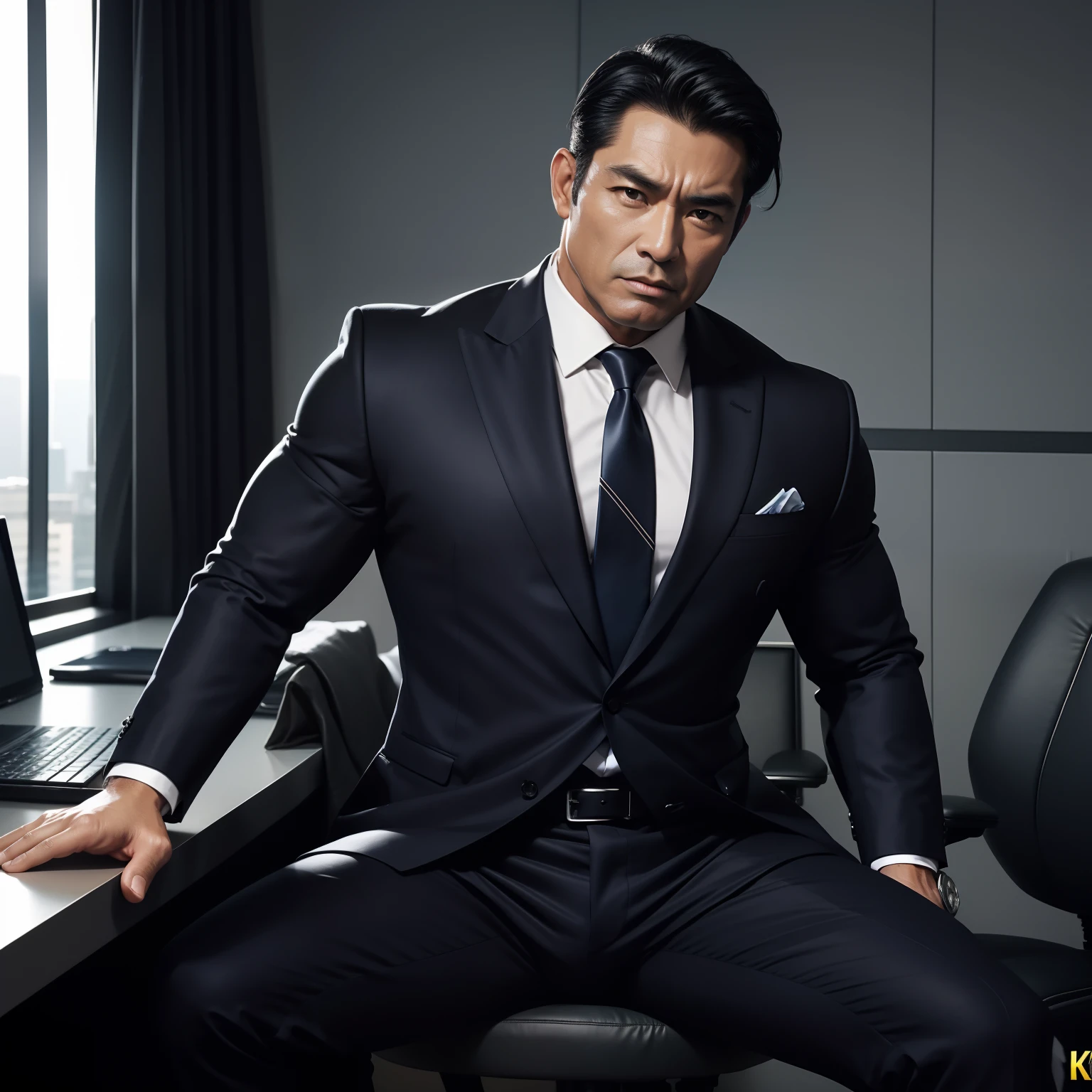 50 years old,daddy,shiny suit sit down,k hd,in the office,muscle, gay ,black hair,asia face,masculine,strong man,boss sitting erotic, boss and whip