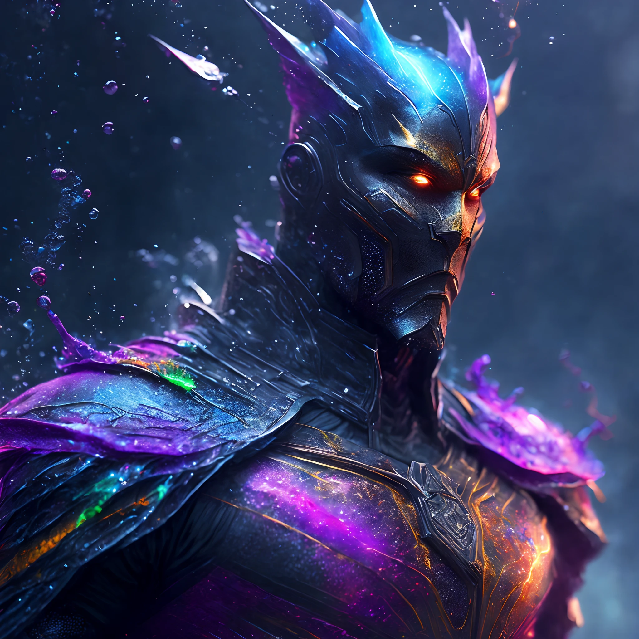 Close-up ( multicoloured water man from Marvel in Goth style: 1.3) emerging from the thick fog, extremely detailed, multicoloured water storm, sparks, metal shavings, flying debris, volumetric light