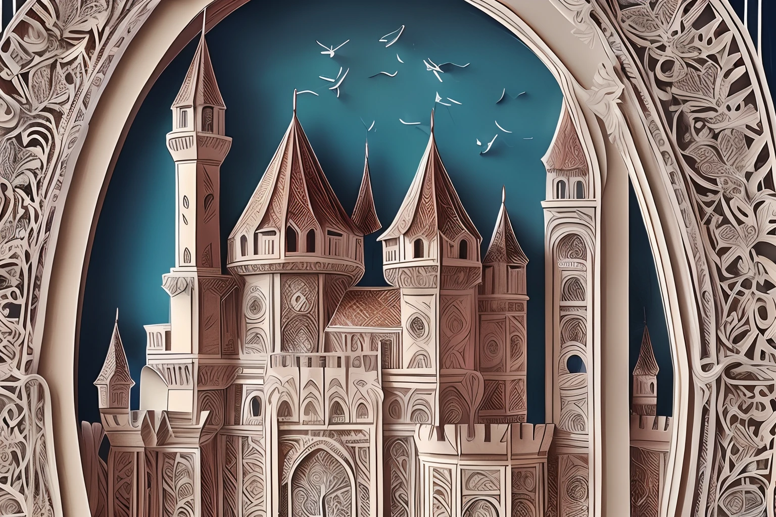 Create a detailed paper cut artistic representation of a medieval castle with ((intricate details)) and ((highest quality)). The composition should feature the castle against a dramatic sunset backdrop, with a moat and drawbridge. Incorporate the rich colors and textured layers typical of paper cut art. Artists related to this style: Maude White, Elsa Mora.