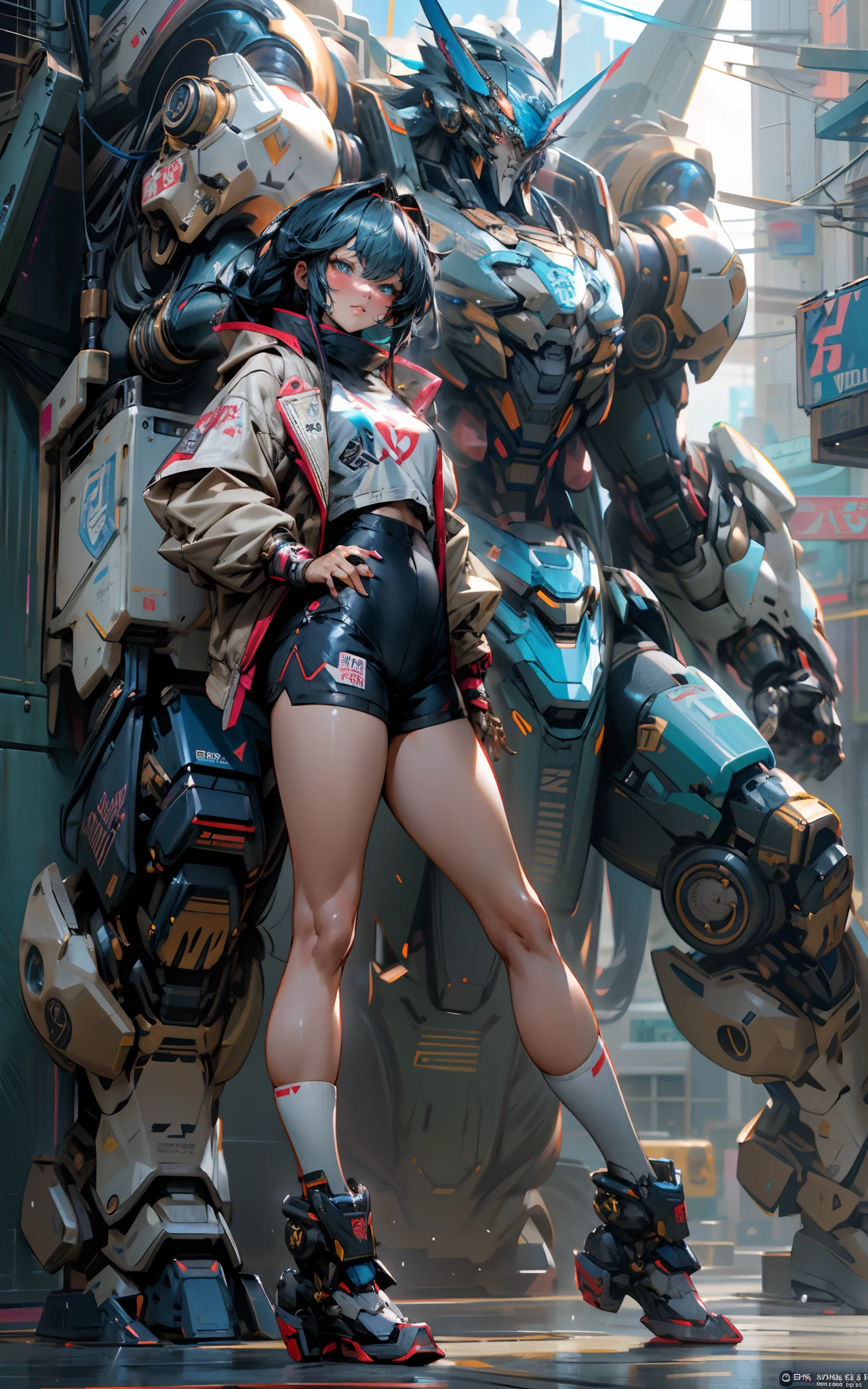 anime girl in short shorts and jacket standing next to giant robot, artwork in the style of guweiz, cyberpunk anime girl mech, trending on cgstation, guweiz, by Russell Dongjun Lu, digital cyberpunk anime art, ross tran 8 k, guweiz on artstation pixiv, girl in mecha cyber armor