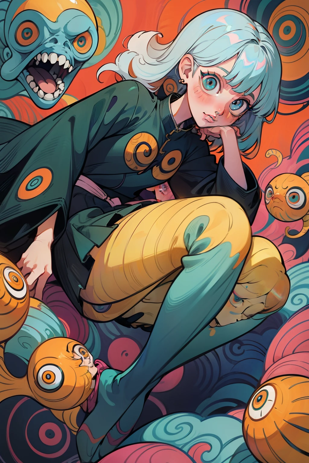 Spooky dark castle with adorable monstersd, octopus, squid, squid girl, long box braided hair, crown, flowers, octapus tentacles, white water, underwater with fishes everywhere holding breath eating fish, Ultra maniac anime manga style theme (nana manga) Kamikaze kaitoujin, full body high quality 4k illustration, ceiling view pose girl looking into camera from a white bedsheet and blood splatter, Junji ito style, (uzumaki, lit. "Spiral") is a Japanese horror manga series written and illustrated by Junji Ito, horror illustration, (uzumaki) (tomie) (a girl,beauty,2girls,3girls)cool detailed eyes,beautiful detailed lips,extremely detailed eyes and face,longeyelashes,colorful hair,confident smile,stylish outfit, earrings (yummy) food in a dynamic pose(aesthetic style),vibrant colors,street-art inspired background,urban lighting, pearly white and oranget, horror Comic book. White hair streaks, aqua blue hair, hair with a lot of flow and blonde, city scape, clothes, lingerie laying on the floor, ANIME FOOD, ANIME PASTRIES, DELECTABLE FOOD, DELICIOUS FOOD,