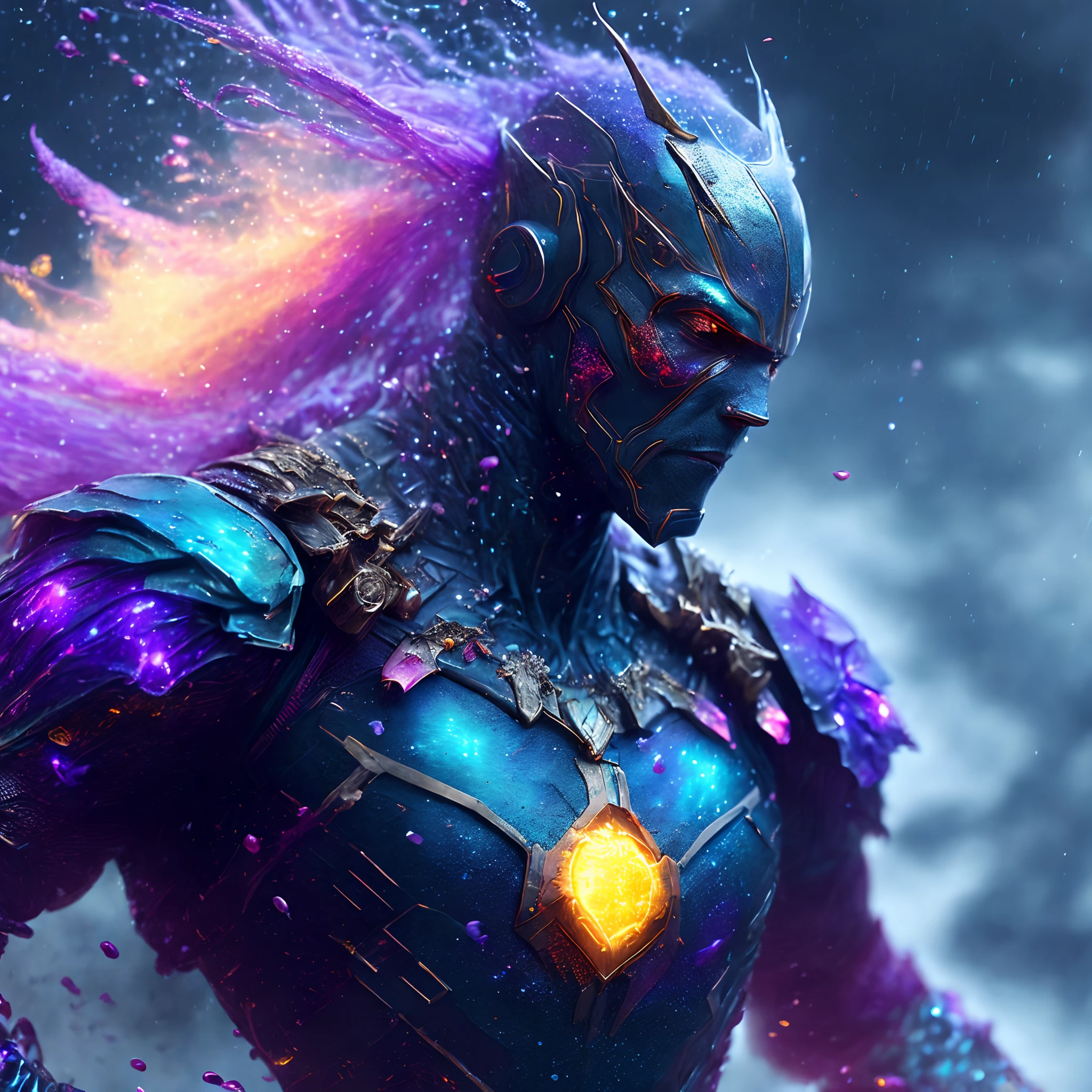 Close-up ( multicoloured water man from Marvel in Goth style: 1.3) emerging from the thick fog, extremely detailed, multicoloured water storm, sparks, metal shavings, flying debris, volumetric light