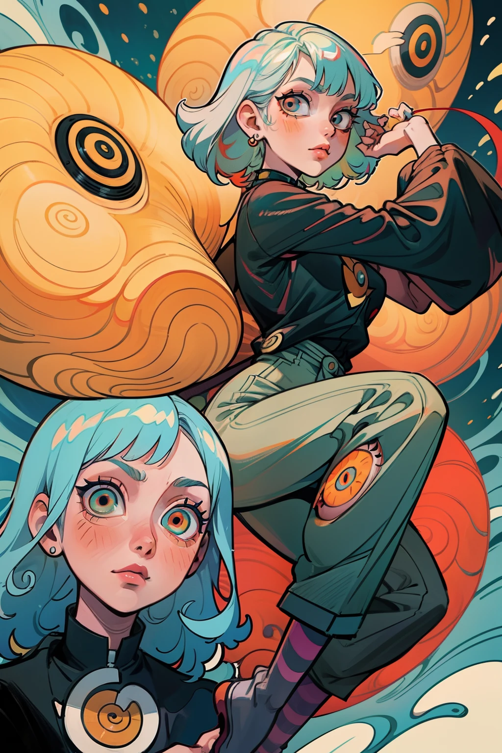 underwater with fishes everywhere holding breath Ultra maniac anime manga style theme (nana manga) Kamikaze kaitoujin, full body high quality 4k illustration, ceiling view pose girl looking into camera from a white bedsheet and blood splatter, Junji ito style, (uzumaki, lit. "Spiral") is a Japanese horror manga series written and illustrated by Junji Ito, horror illustration, (uzumaki) (tomie) (a girl,beauty,2girls)cool detailed eyes,beautiful detailed lips,extremely detailed eyes and face,longeyelashes,colorful hair,confident smile,stylish outfit, earrings (yummy) food in a dynamic pose(aesthetic style),vibrant colors,street-art inspired background,urban lighting, pearly white and oranget, Comic book heroin. White hair streaks, aqua blue hair, hair with a lot of flow and blonde, city scape, clothes, lingerie laying on the floor