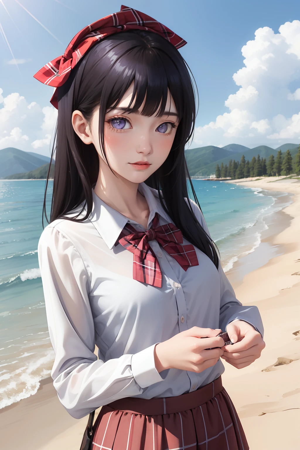 masterpiece, high quality best quality,1girl, bangs, beach, blue_sky, blush, bow, checkered, checkered_shirt, checkered_skirt, cloud, cloudy_sky, collarbone, day, envelope, giving, grass, hair_bow, heart, holding, holding_letter, horizon, incoming_gift, kazami_yuuka, leaning_forward, lens_flare, letter, light_rays, long_hair, looking_at_viewer, love_letter, mountain, mountainous_horizon, ocean, outdoors, plaid, plaid_background, plaid_bikini, plaid_bow, plaid_bowtie, plaid_bra, plaid_dress, plaid_headwear, plaid_jacket, plaid_legwear, plaid_necktie, plaid_neckwear, plaid_panties, plaid_pants, plaid_ribbon, plaid_scarf, plaid_shirt, plaid_skirt, plaid_vest, pov, shirt, skirt, sky, solo, sun, sunbeam, sunlight, tree, unmoving_pattern,Blunt Bangs, purple eyes, dark blue hair