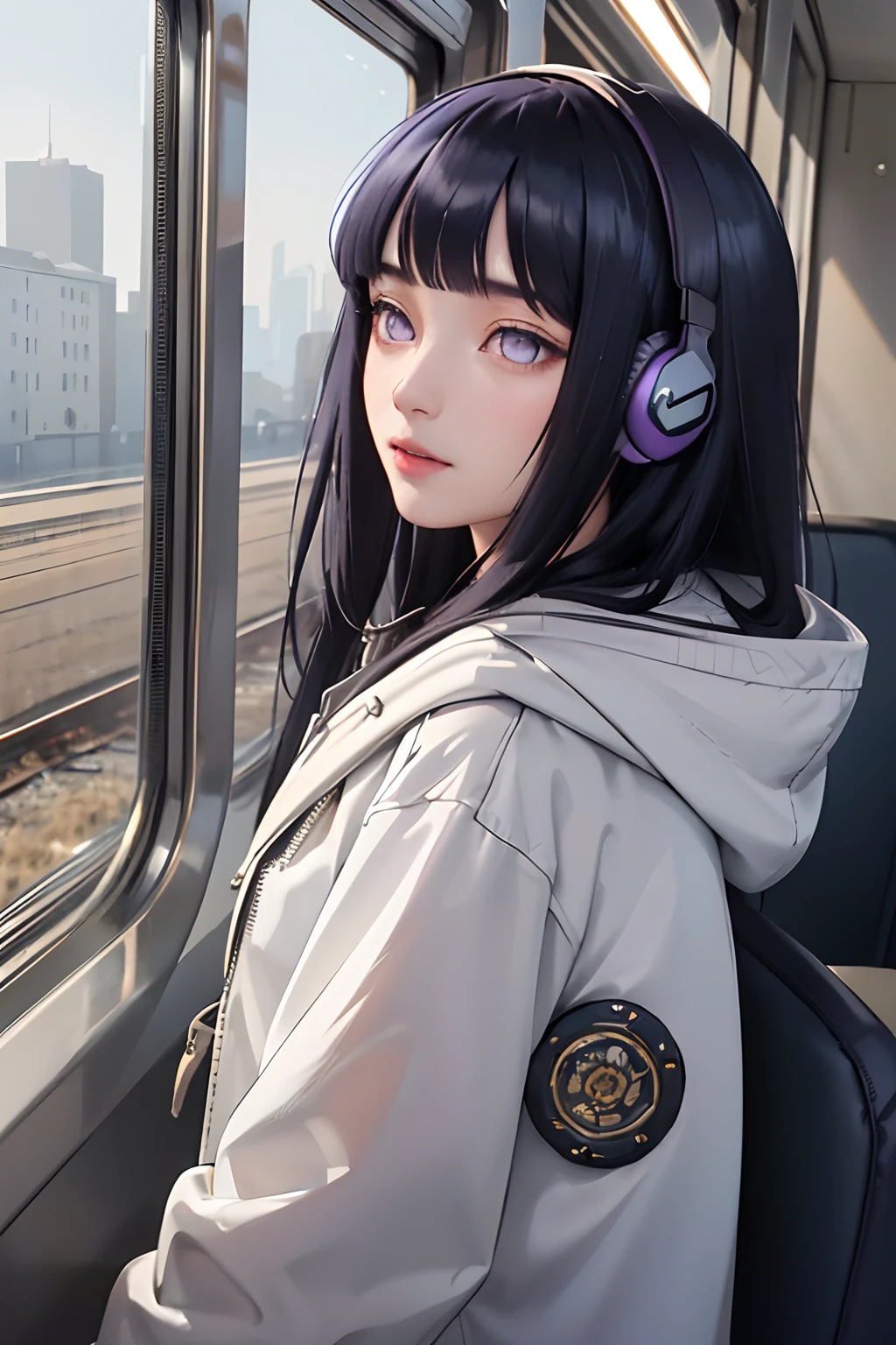(masterpiece, sidelighting, ultra-detailed, finely detailed beautiful eyes: 1.2), 1girl, bag, building, from side, headphones, hood, hood down, hooded jacket, hoodie, jacket, long hair, dark blue hair, profile, Blunt Bangs, solo, train, train interior, upper body, Masterpiece, best quality, purple eyes