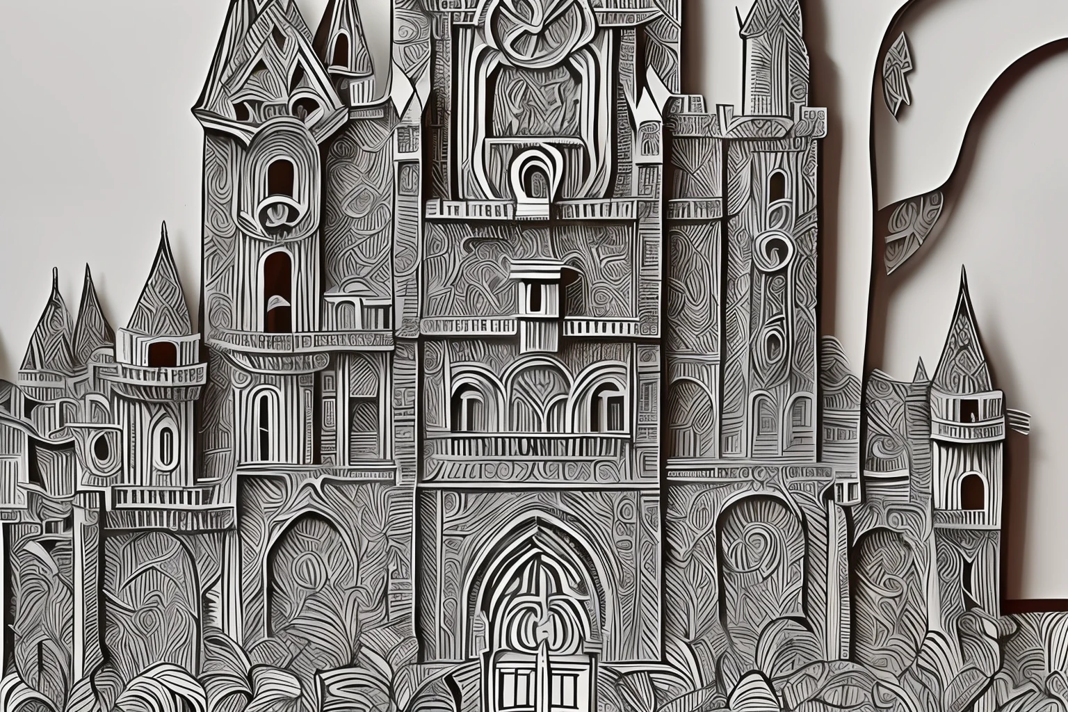 Create a detailed paper cut artistic representation of a medieval castle with ((intricate details)) and ((highest quality)). The composition should feature the castle against a dramatic sunset backdrop, with a moat and drawbridge. Incorporate the rich colors and textured layers typical of paper cut art. Artists related to this style: Maude White, Elsa Mora.