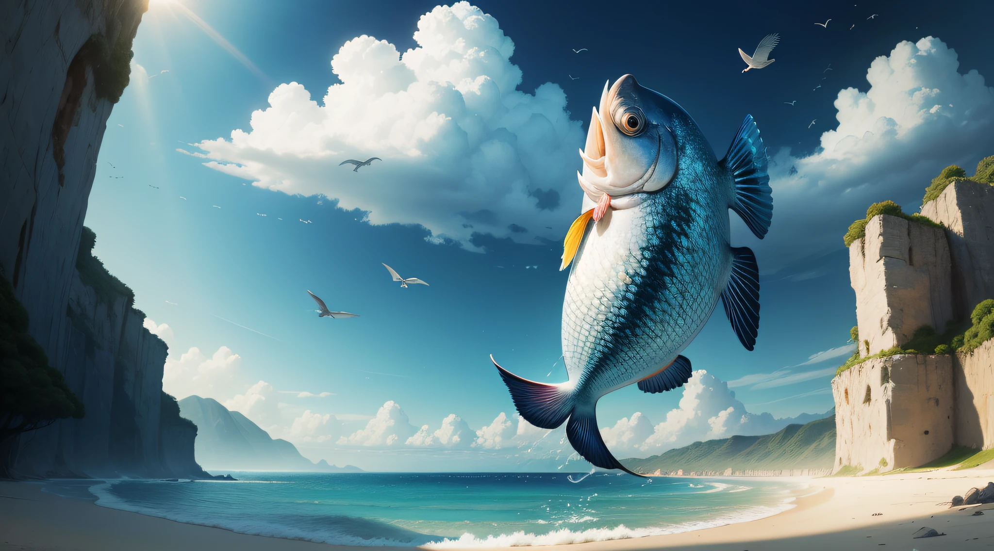 obra-prima, God made the fish to swim in the sea and the birds to fly through the sky, studio illumination, estilo cartoon, chibi, olhar, altamente detalhado Primeiro,