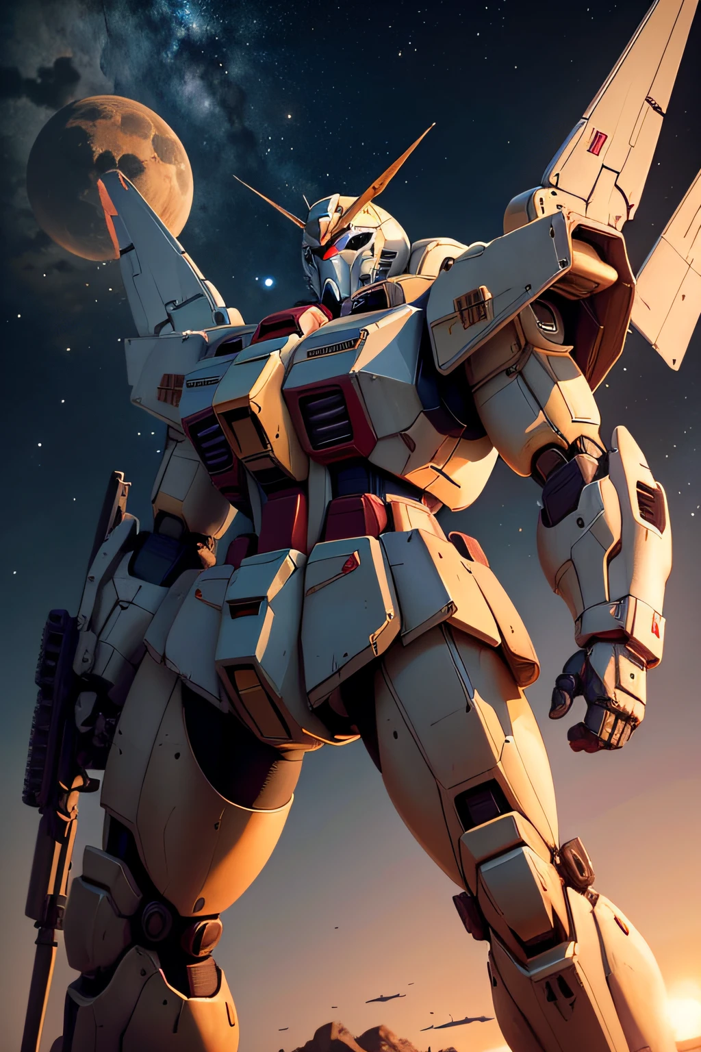 a realistic giant gundam, it is very detailed and beautiful. He is on a hostile planet exploring. We see the curvature of the planet and in the distance a sun rises. There is also an exploding galaxy