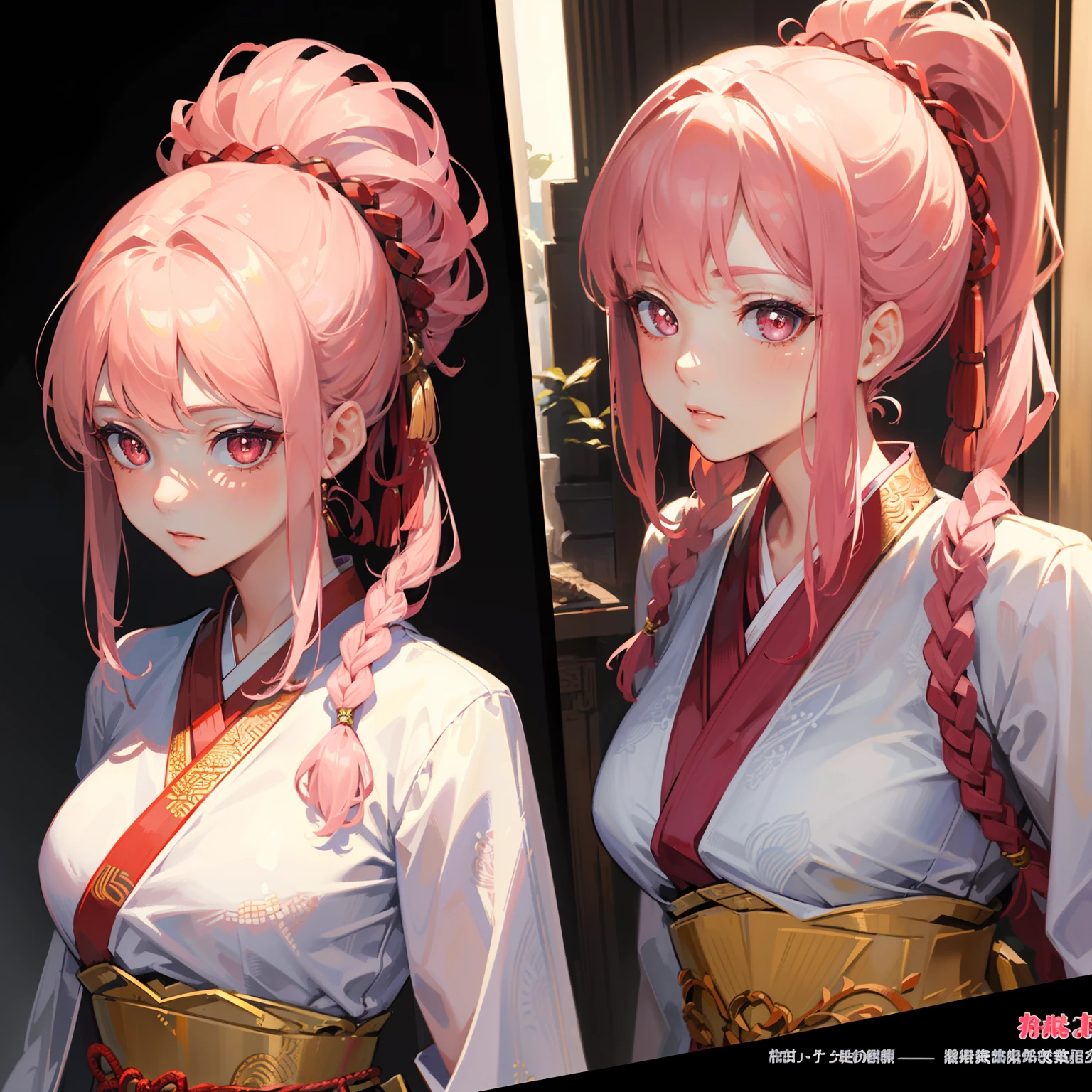 ((Masterpiece, Highest quality)), Detailed face, CharacterDesignSheet, full bodyesbian, Full of details, Multiple poses and expressions, Highly detailed, Depth, Many parts,A pretty maiden,Laces twisted braids,Red and gold Hanfu,Light pink pupils,epic exquisite character art,Natural light