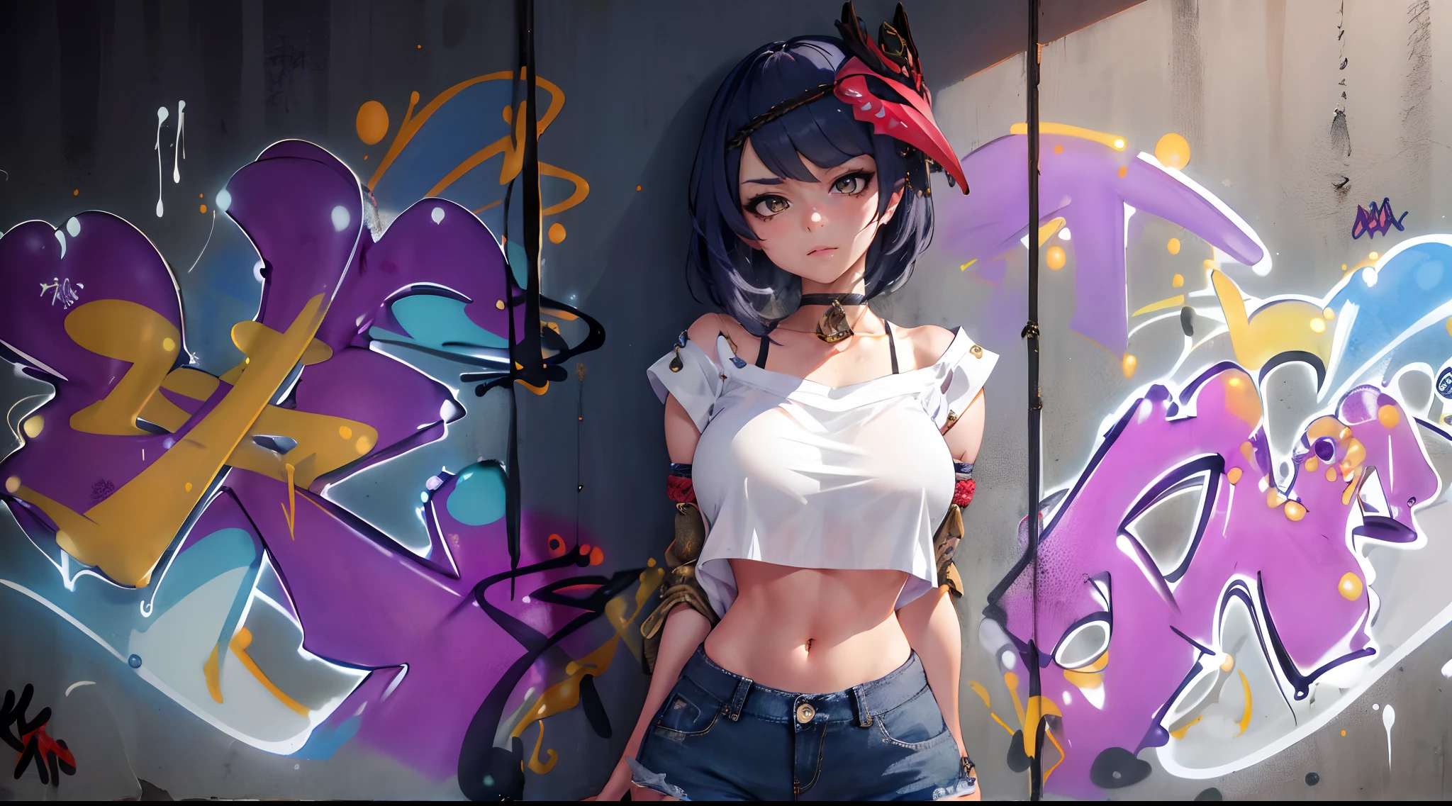 Kujou Sara Genshin Effect, masterpiece, bestquality, 1girls, oversized breasts, bara, dress shirt, Long Jeans, choker, (Graffiti:1.5), Splash with purple lightning pattern., arm behind back, against wall, View viewers from the front., Thigh strap, Head tilt, bored, water eyes,