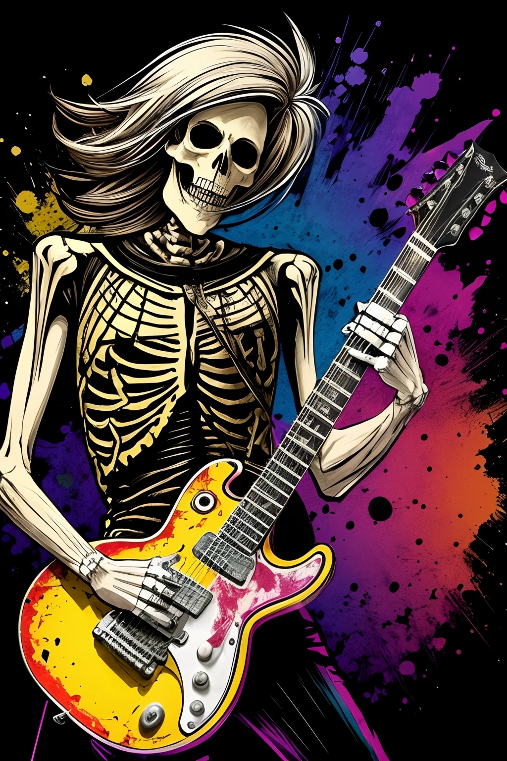 Design a T-shirt print featuring an illustration of a skeleton playing a rock guitar. Remove the background and add scattered paint splatters for added effect. Pay meticulous attention to (((intricate details))) such as the skeleton's bones and the guitar strings. Aim for ((extreme detail quality)) to make the design visually striking. Create a ((dynamic composition)) that conveys the energy and excitement of rock music. Utilize a color palette that enhances the rock 'n' roll vibe.