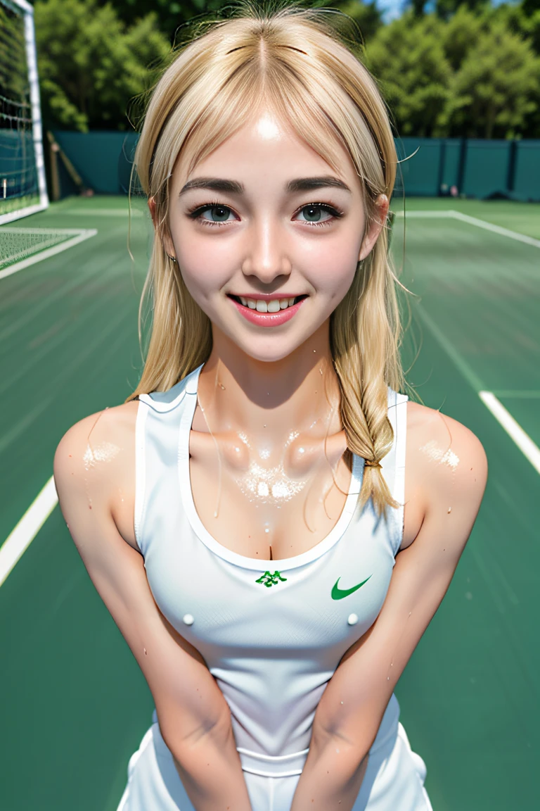 (((Draw only one woman: 2))), (tennis coat:1.3), (High school girl playing tennis:1.4), (Sweat Drenched Tank Top Tennis Wear:1.4)、(16-year-old high school girl with a cute smile:1.4), ((1screen)) , in 8K, RAW shot, top quality photo, masterpiece, Nice and realistic photos, (Anatomically correct proportions), (perfectly proportions), (Cute like a Japan idol), (a small face)、A detailed face, A detailed eye, Narrow Nose, ((Detailed fingers)), (((Perfect fingers)))、detailed arms, Detailed skin, Detailed legs、Narrow waist, (short torso:1.2)、Colossal tits, Nipple shadow, (accurate fingers:1.2)、((tthin eyebrows:1.6))、(sweat-wet skin:1.2)、(Tennis wear sticks to sweat-soaked skin:1.4)、(wetting hair:1.5)、(Wet bangs:1.5)、Cute Skort、Ponytel、(a blond)、(Emerald green eyes)