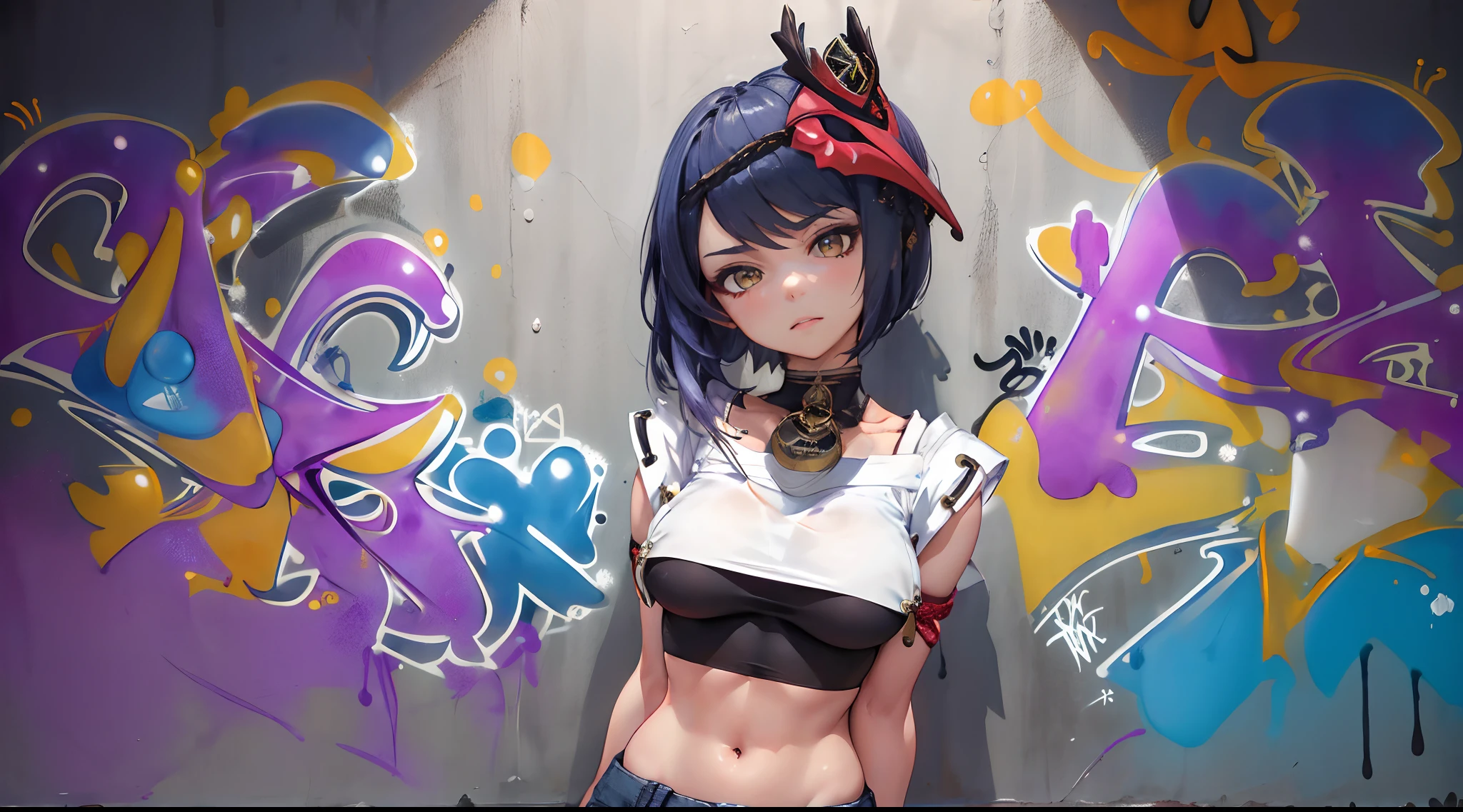 Kujou Sara Genshin Effect, masterpiece, bestquality, 1girls, mediuml breasts, bara, crop top, shorts jeans, choker, (Graffiti:1.5), Splash with purple lightning pattern., arm behind back, against wall, View viewers from the front., Thigh strap, Head tilt, bored, Ponytail, water eyes,
