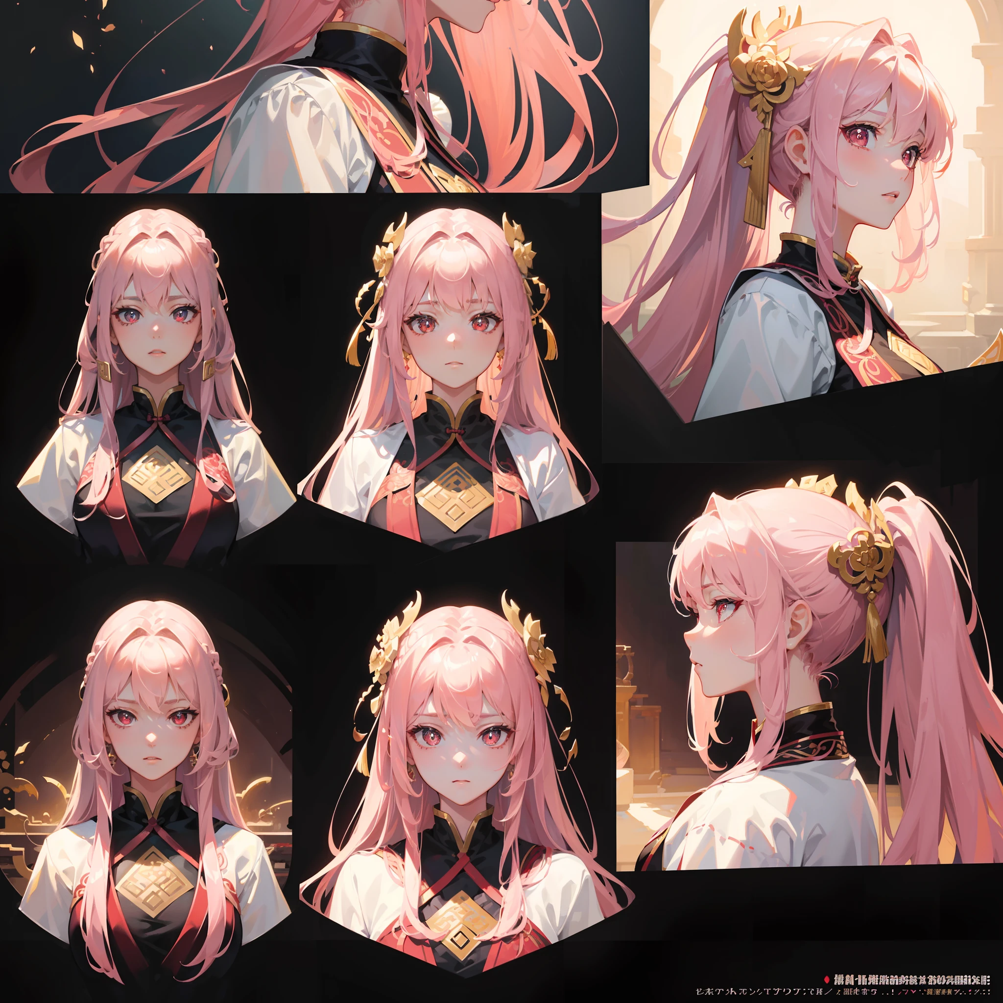 ((Masterpiece, Highest quality)), Detailed face, CharacterDesignSheet, full bodyesbian, Full of details, Multiple poses and expressions, Highly detailed, Depth, Many parts,A pretty maiden,Lace-up twisted braid,Red and gold hanfu,Light pink pupils,epic exquisite character art,Natural light