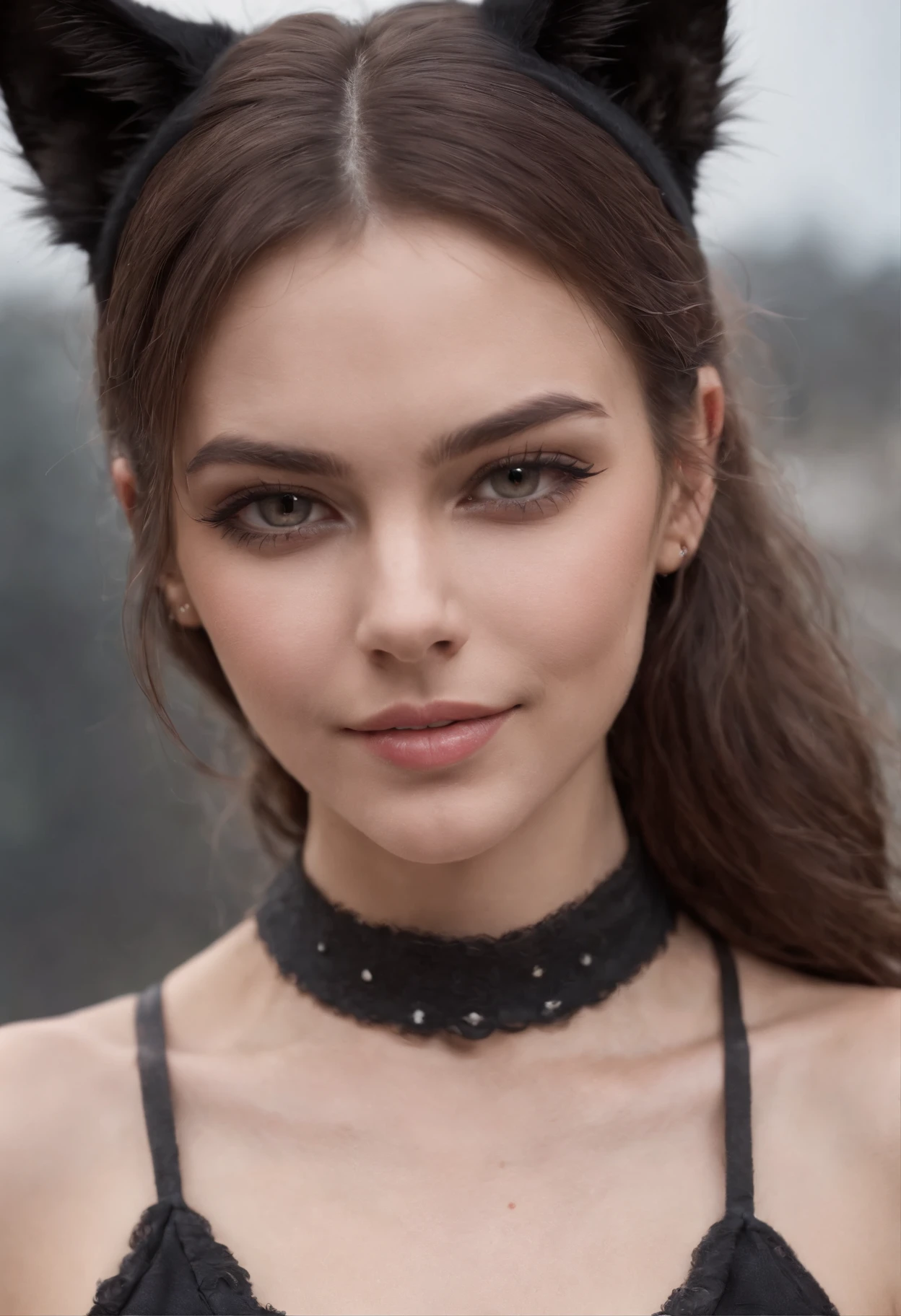 Beautiful muscular woman, Cat-wife, shaggy hairy, Cat's ears, cat tail, Sexy Cat Girl, black wool,collar, fangs, Wild smile,