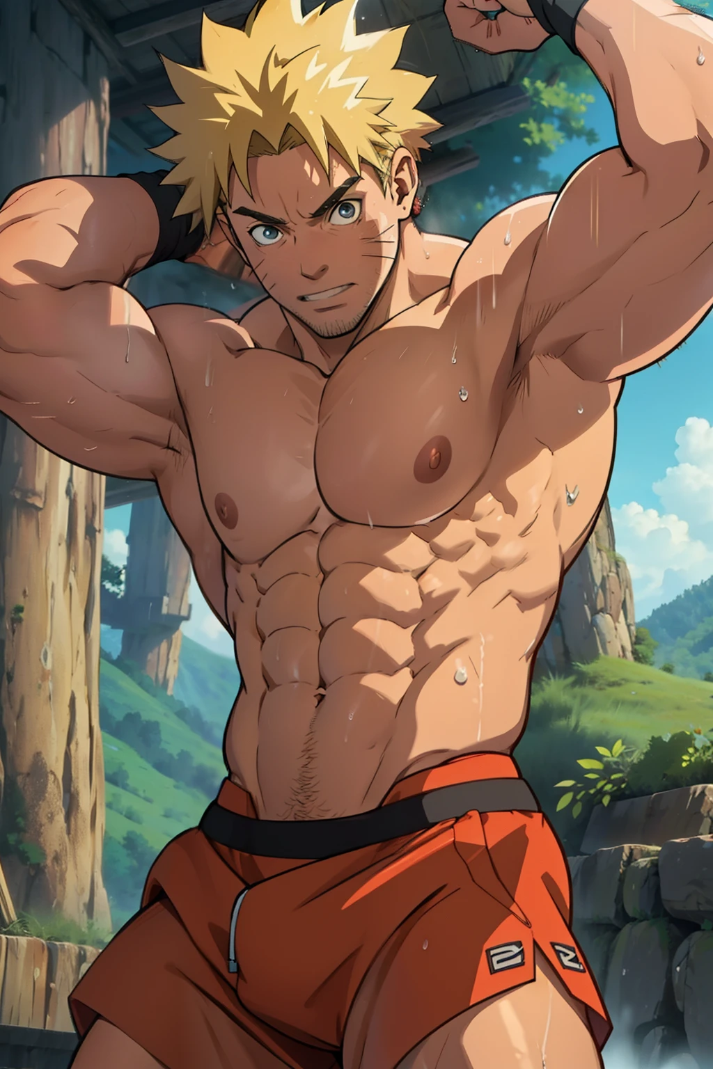 [highest quality photo][ 4k,HD photo quality] (close-up) (photo angle from bottom up) huge muscular thigh muscles, wear tight triangle briefs small, huge thigh muscles ,muscular thigh muscles, muscular thigh muscles, giant thigh muscles, sinewy thigh muscles,Uzumaki Naruto, lots of sweat flowing down, topless, shirtless, sunny, shiny skin,rosy skin,pink skin, red skin, bodybuilder,  8-pack abs, giant, muscular chest muscles, giant muscular, sinewy biceps, cute baby face , two arms behind the back