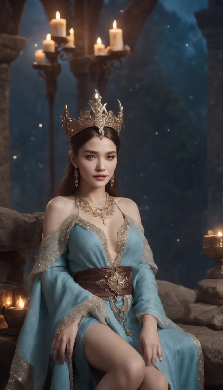 Smiling expression. She is sitting and posing with her legs spread. Generate images of female wizard with sexy robes (Raw legs or tights) And the mysterious magic wand. Give this image a magical aura and starry glow. Next, Add a wizard's sexy robe with a design that emphasizes the lines of the body, With slit and gold thread embroidery to give a special touch. reeds, Combine accessories with a headpiece, Star-shaped jewel-studded necklace, Matching rings and earrings. Finally, Complete the female wizard atmosphere with eyeshadow and sparkling lips. location: beneath the stars, Mystical altar lined with huge ancient stone circles. This location is、Moonlight and starlight match.、Provides an atmosphere that complements the wizard's costume.