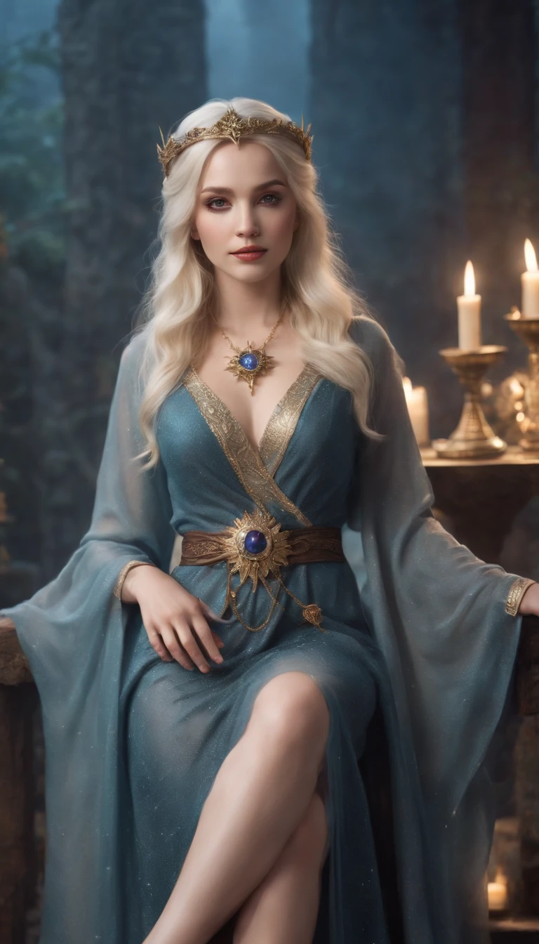 Smiling expression. She is sitting and posing with her legs spread. Generate images of female wizard with sexy robes (Raw legs or tights) And the mysterious magic wand. Give this image a magical aura and starry glow. Next, Add a wizard's sexy robe with a design that emphasizes the lines of the body, With slit and gold thread embroidery to give a special touch. reeds, Combine accessories with a headpiece, Star-shaped jewel-studded necklace, Matching rings and earrings. Finally, Complete the female wizard atmosphere with eyeshadow and sparkling lips. location: beneath the stars, Mystical altar lined with huge ancient stone circles. This location is、Moonlight and starlight match.、Provides an atmosphere that complements the wizard's costume.