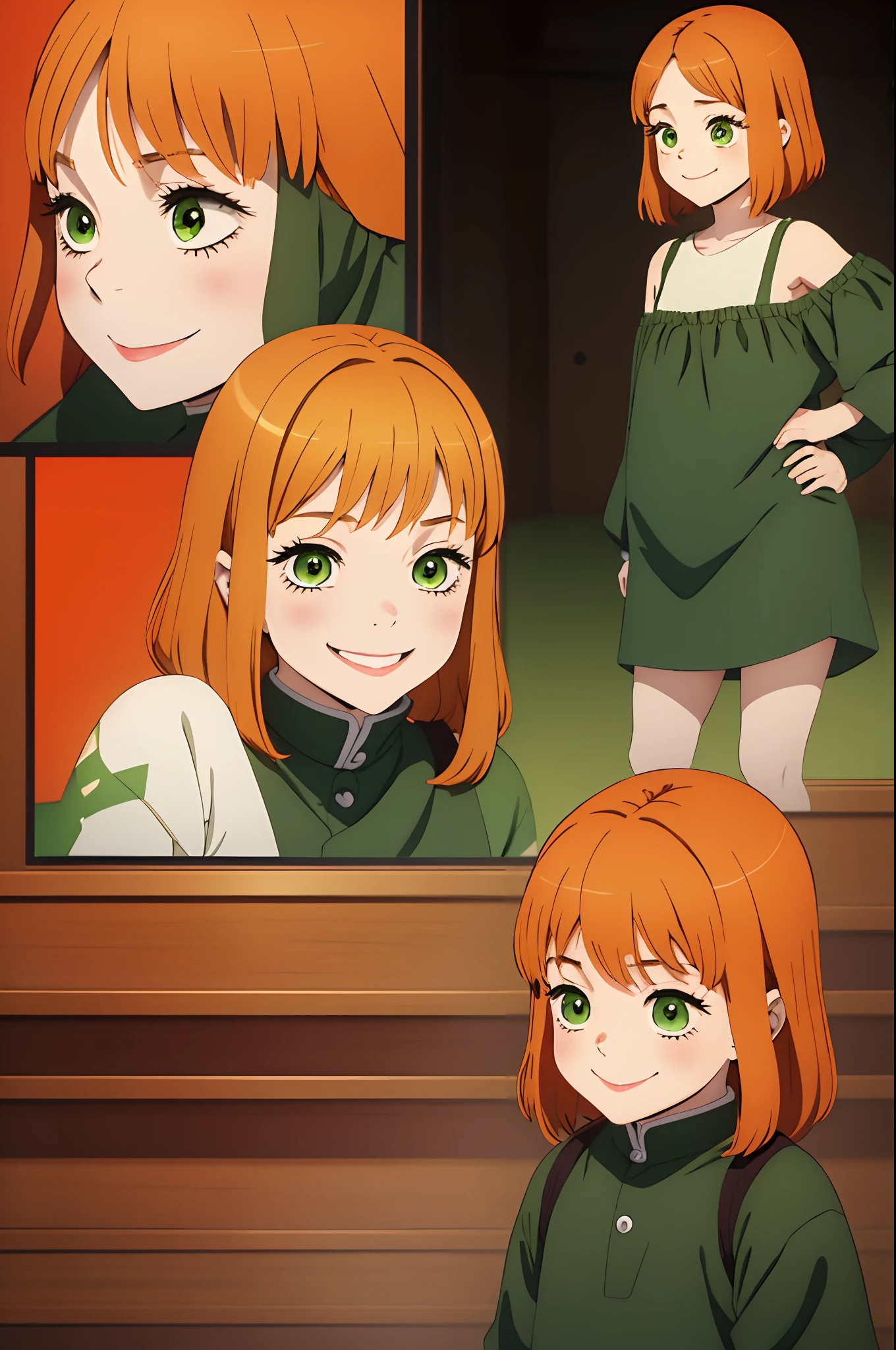 little girl, kid, anime, happy, with short dark orange hair, green eyes, young age, character sheet, different poses, big smile, smiling, shoulder-length hair