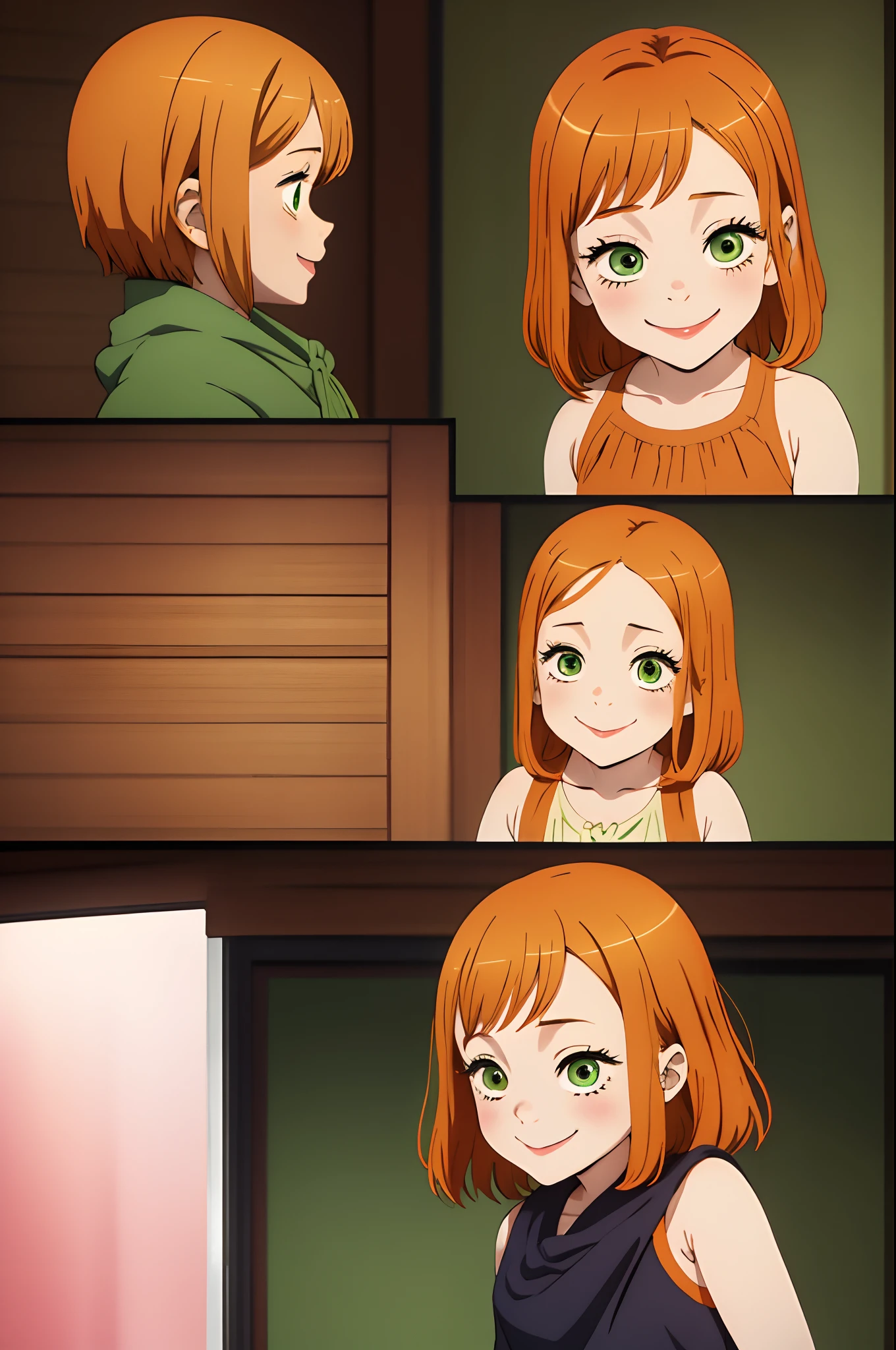 girl, kid,e, happy, with short dark orange hair, green eyes, young age, character sheet, different poses, big smile, smiling, shoulder-length hair